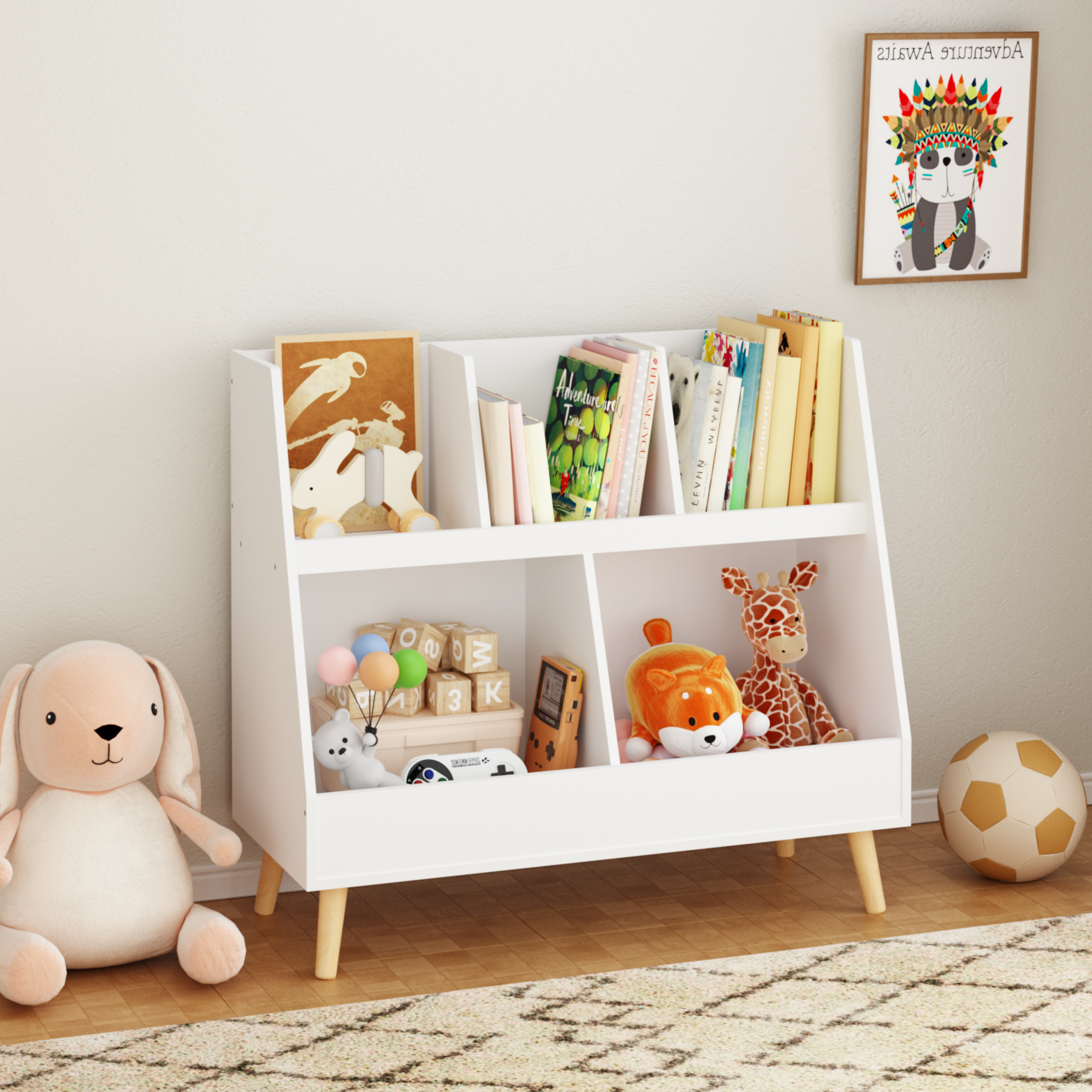 Modern Kids Bookshelf and Toy Organizer with White MDF and Pine Legs