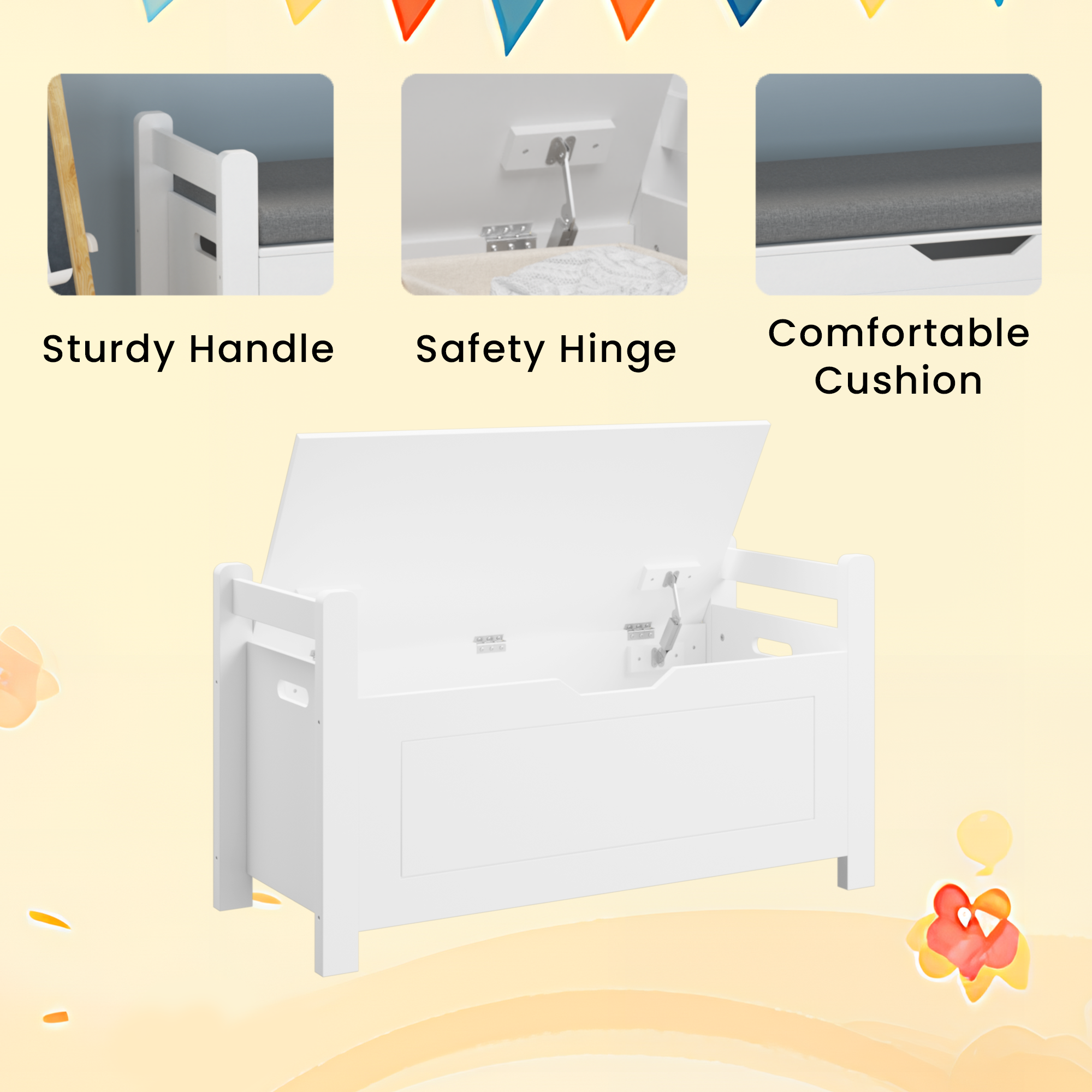 Kids Toy Box Chest Large Storage Cabinet with Cushion Seat