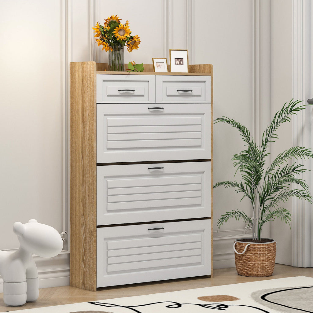 White Oak Color Shoe Cabinet with 3 Doors 2 Drawers