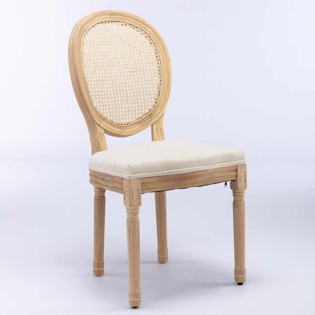 French Style Linen Fabric Rattan Back Dining Chairs (Set of 2)