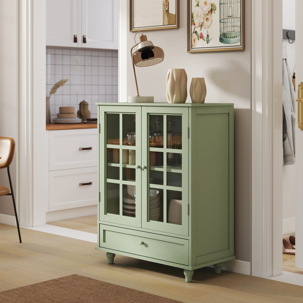 Minimalism Buffet Cabinet with Double Glass Doors and Drawer Mint Green
