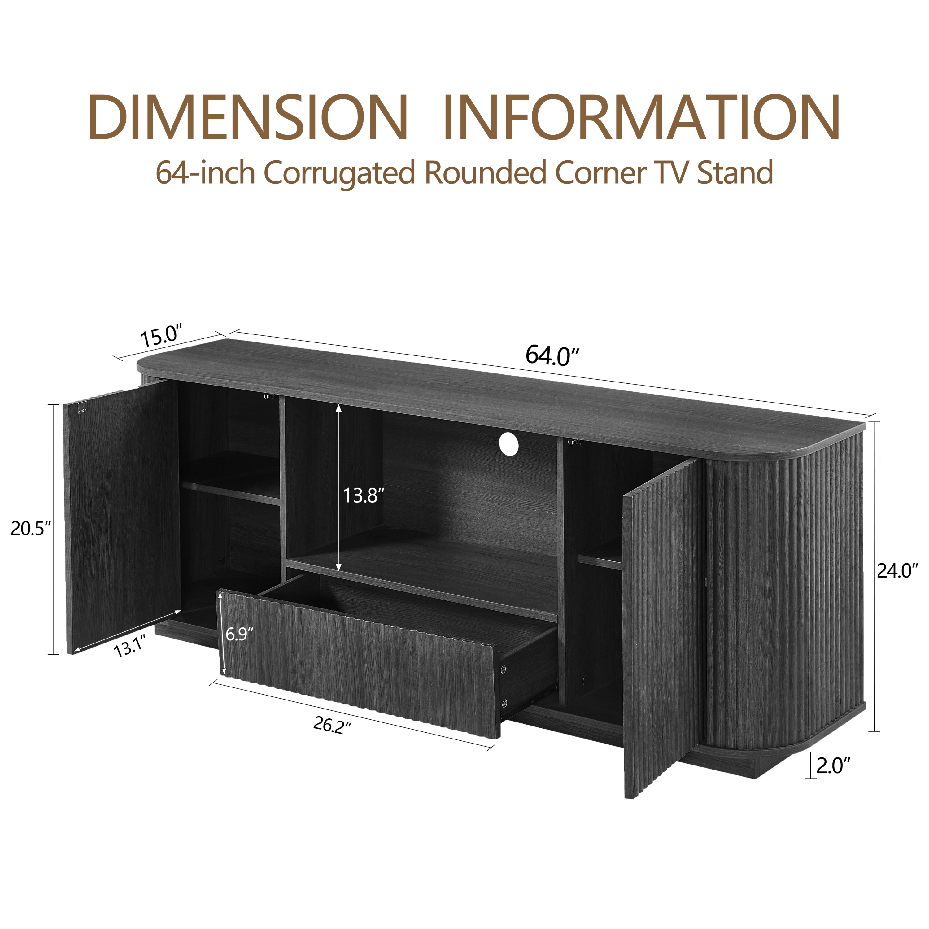 64-Inch Wavy Wooden Vertical Stripe TV Stand Cabinet