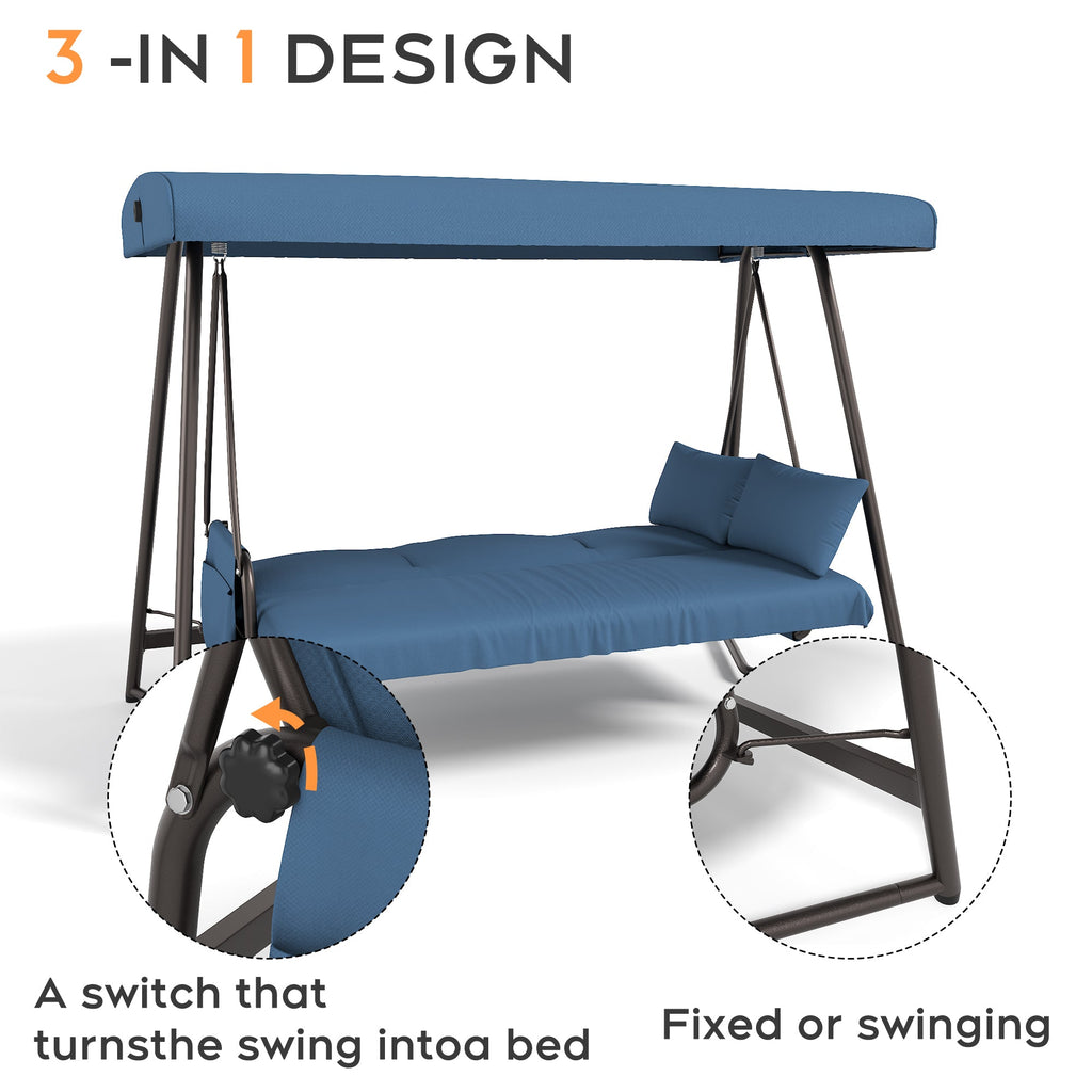 Outdoor Hanging Swing Bed 3-in-1 3-Seater Adjustable Canopy Waterproof Blue