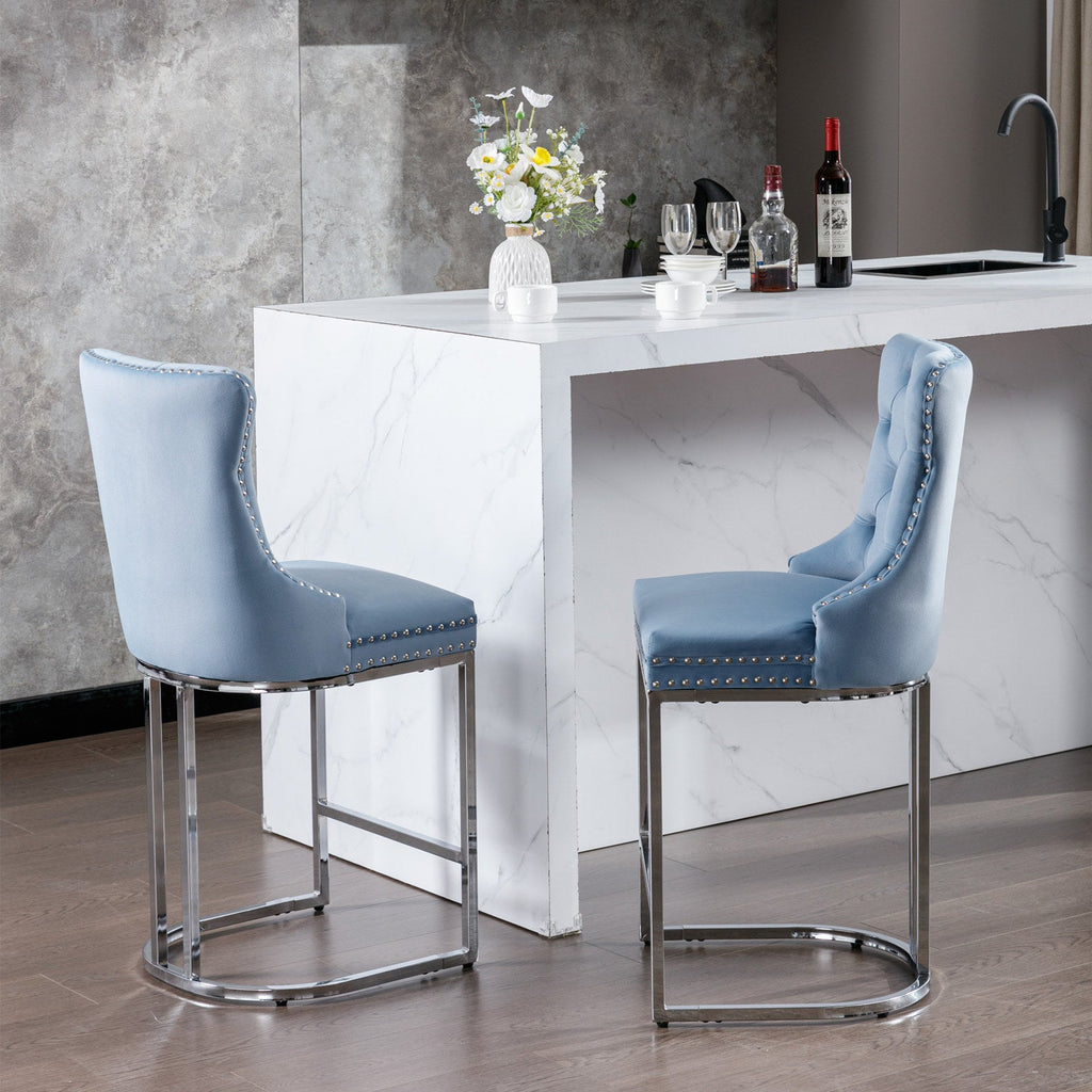 Luxury Elegant Nailhead Trim Tufted Velvet Bar Stools (Set of 2)