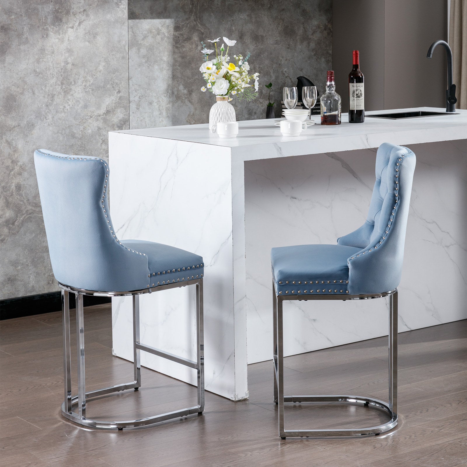 Luxury Elegant Nailhead Trim Tufted Velvet Bar Stools (Set of 2)