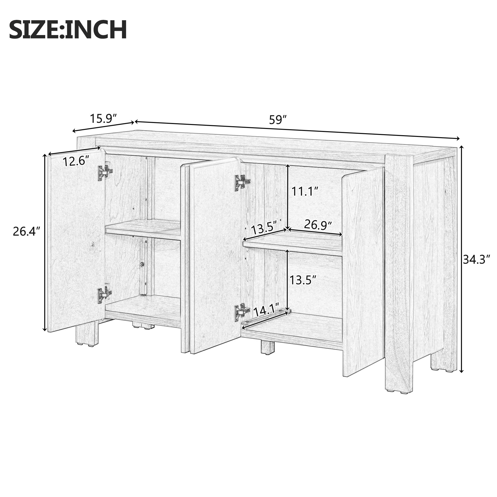 4-Door Retro Wood Buffet Cabinet with Storage