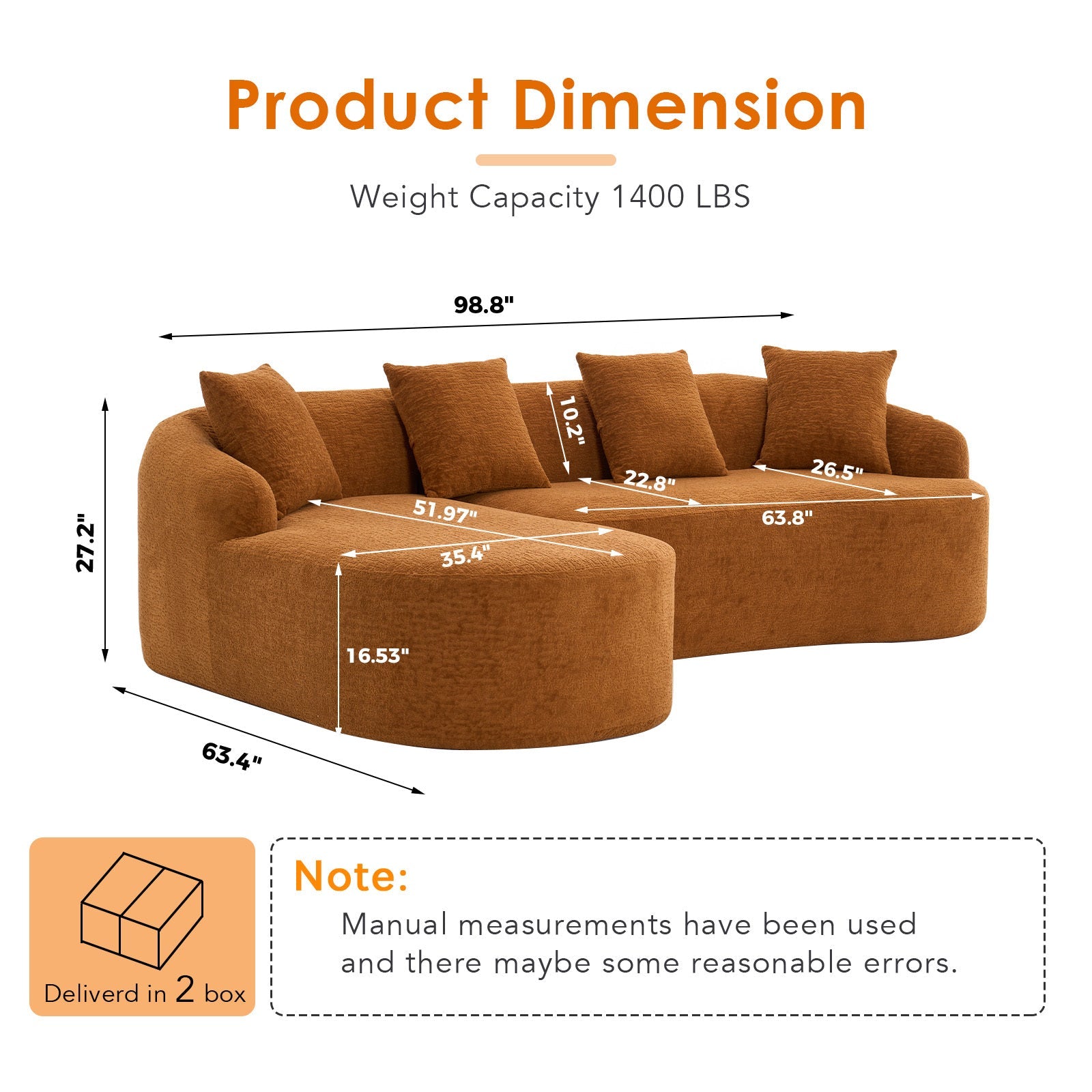 Boneless L-Shape Sectional Sofa with Curved Chaise