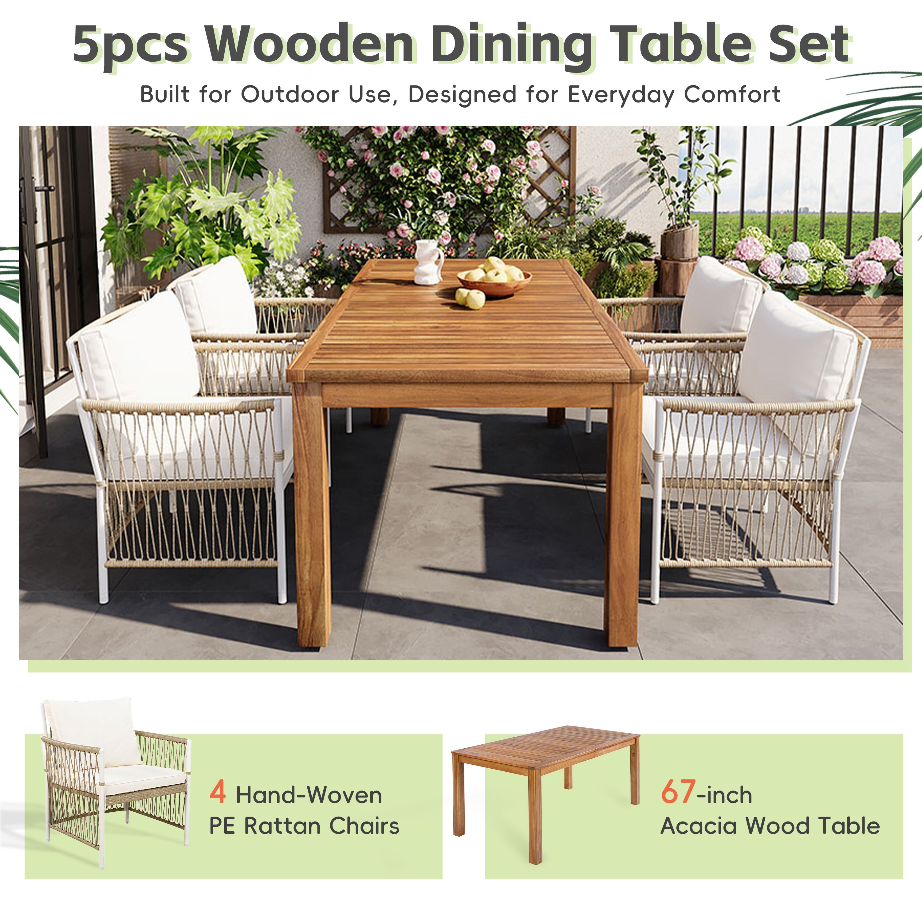 Natural Patio Wooden Dining Table Set for Poolside, Backyard, Garden (5/7 Pcs)
