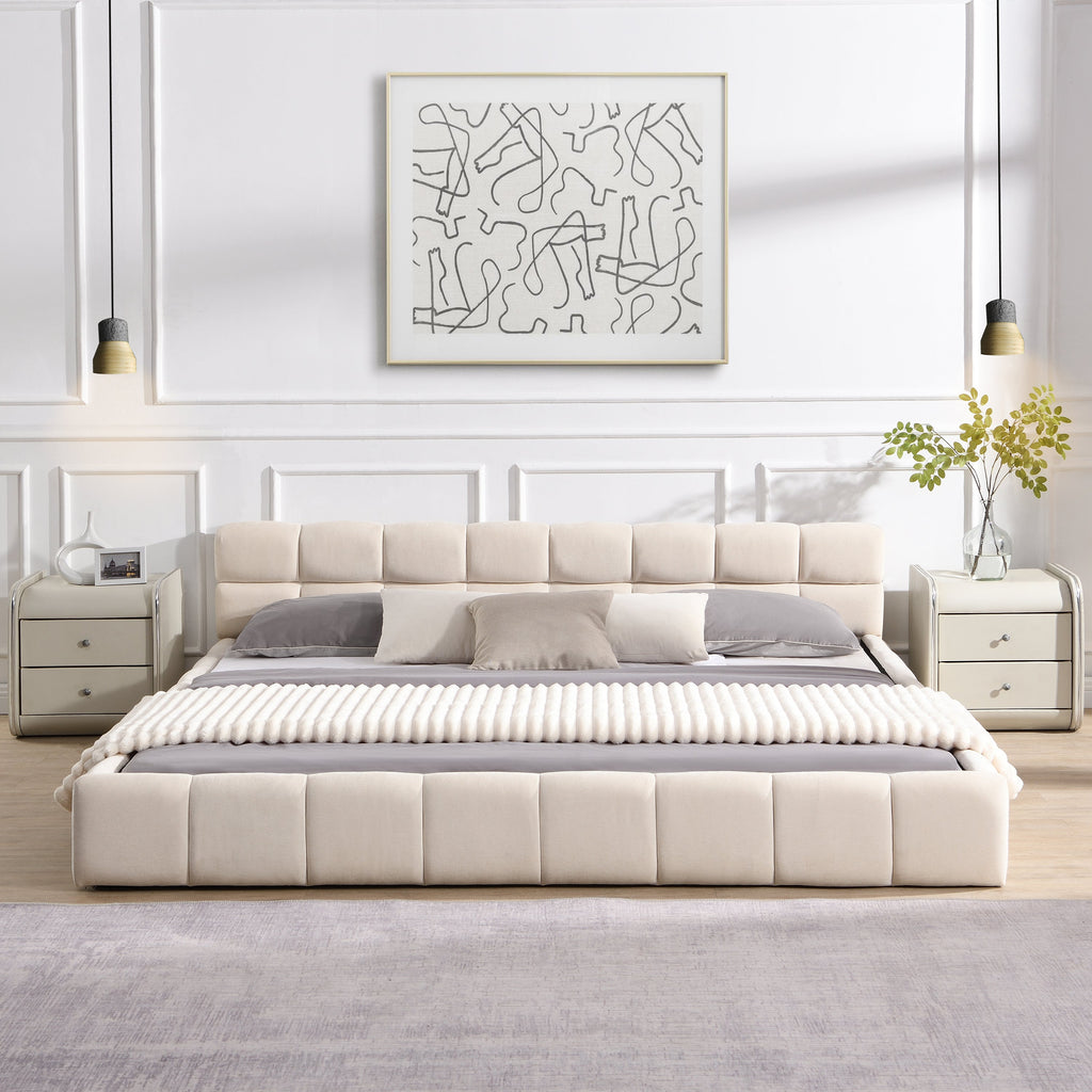 Elegant Beige Chenille Upholstered Bed with Checkerboard Design