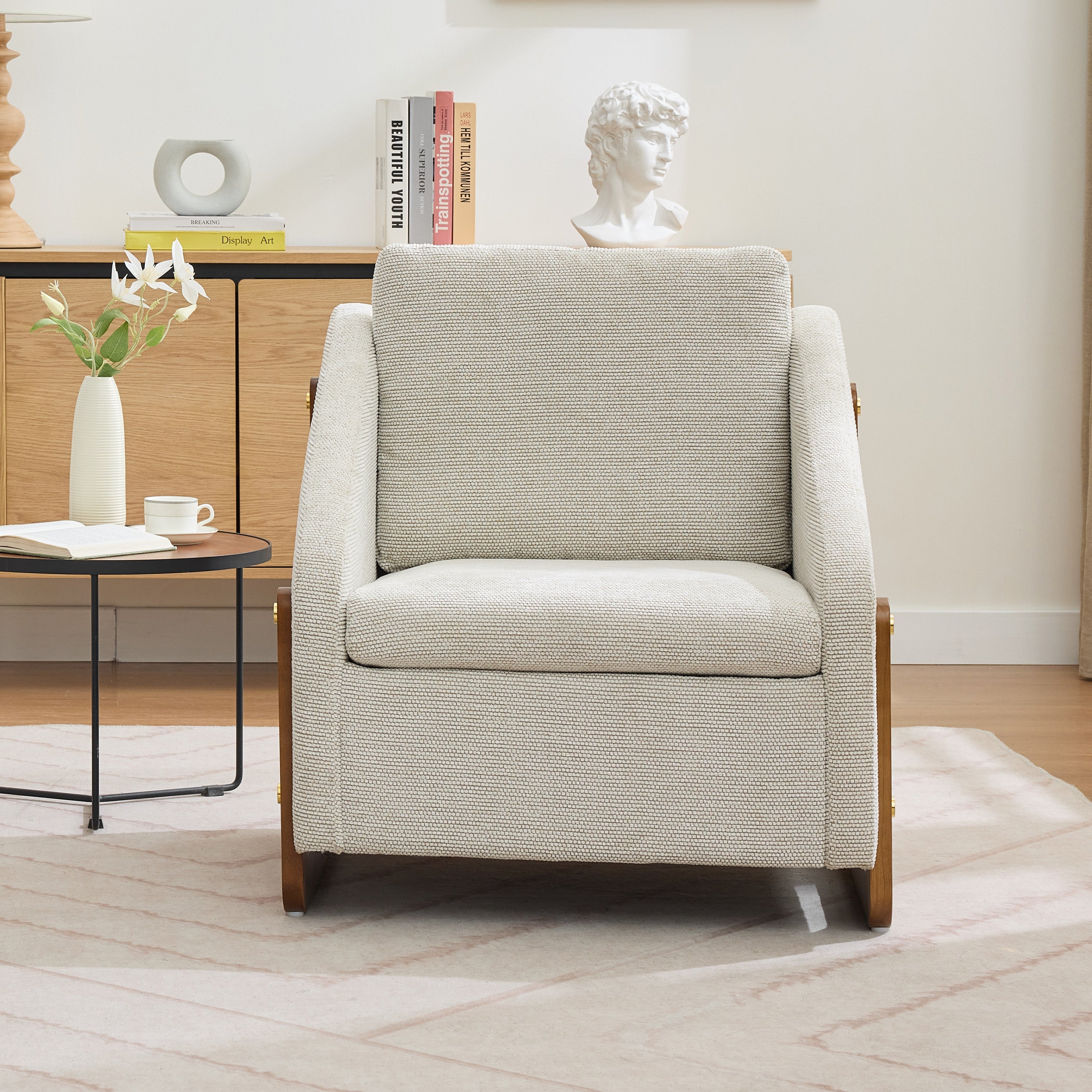 Modern Upholstered Armchair with Wooden Side Frame