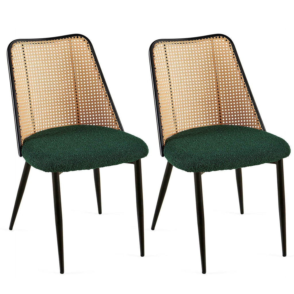 Green Rattan Boucle Dining Chairs with Natural Cane Back (Set of 2)