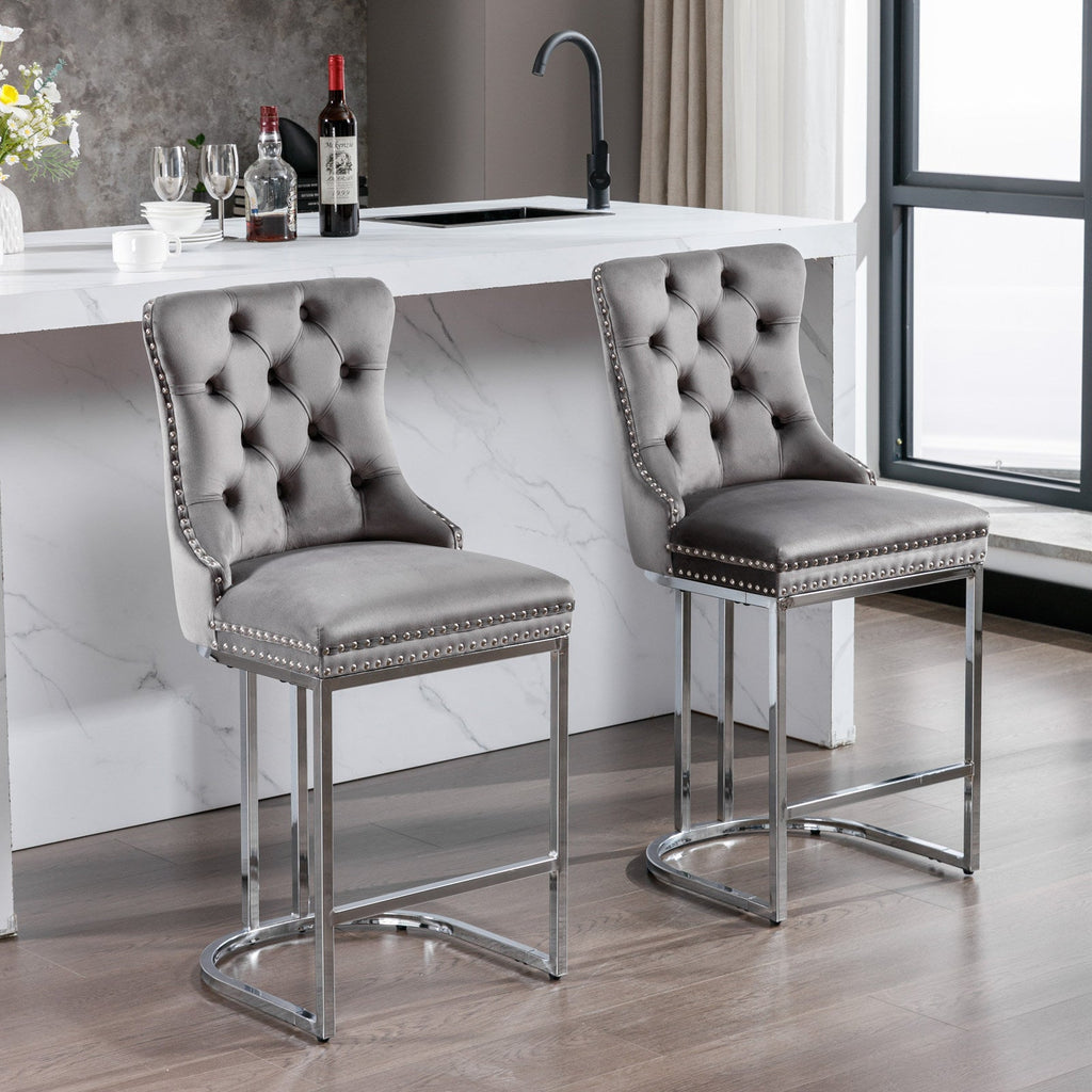 Luxury Elegant Nailhead Trim Tufted Velvet Bar Stools (Set of 2)