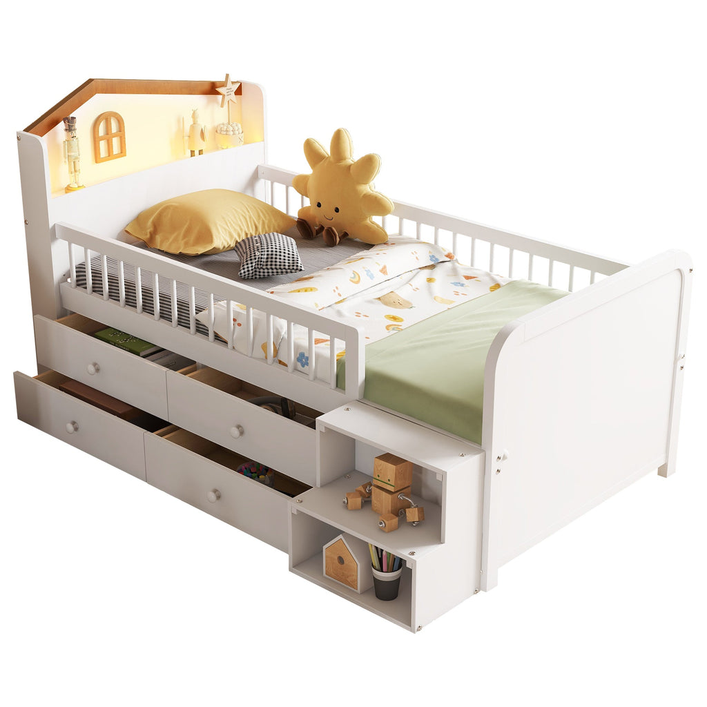 Wooden Twin Loft Bed with House Shape Headboard