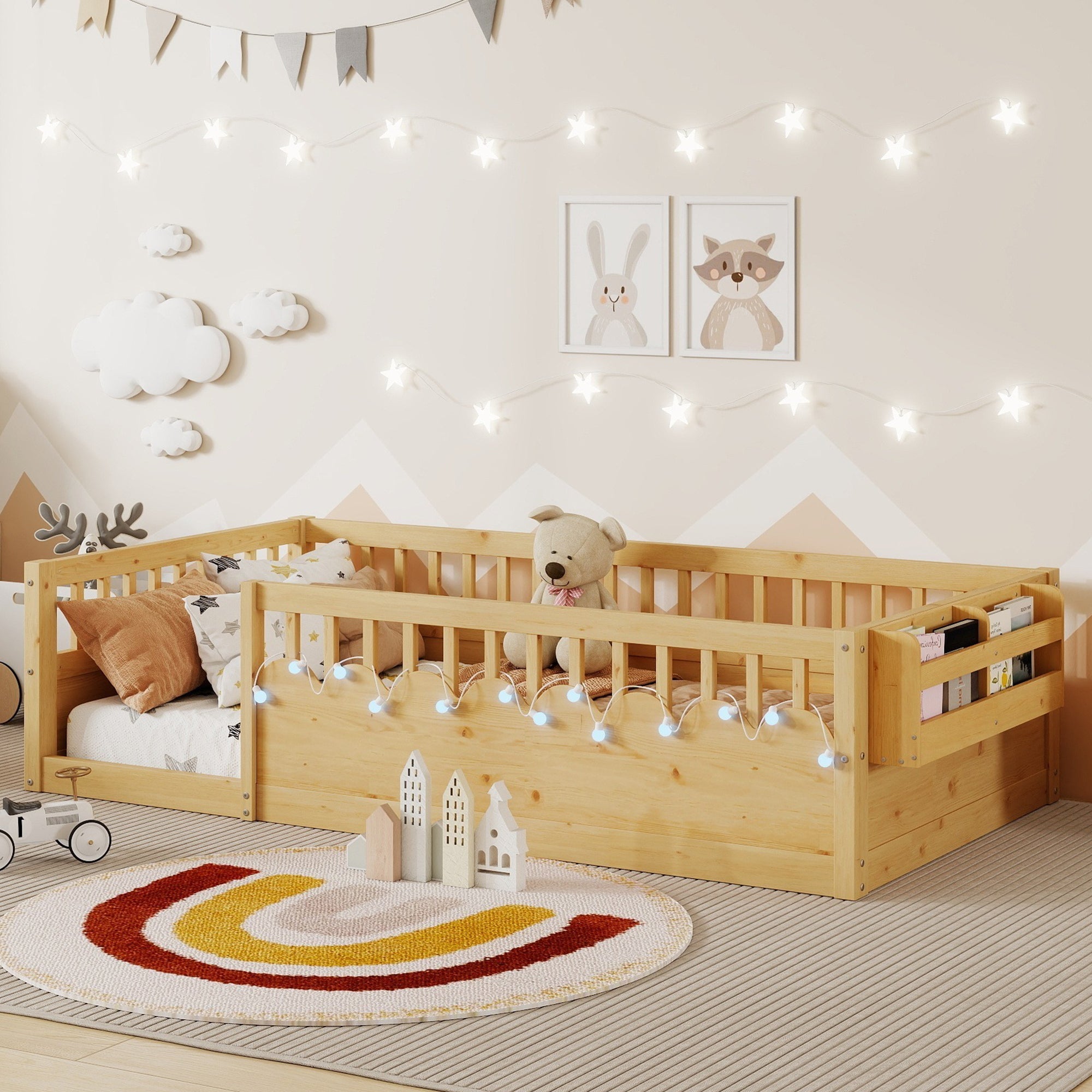 Twin/Full Montessori Floor Kids Bed Frame with High Rails