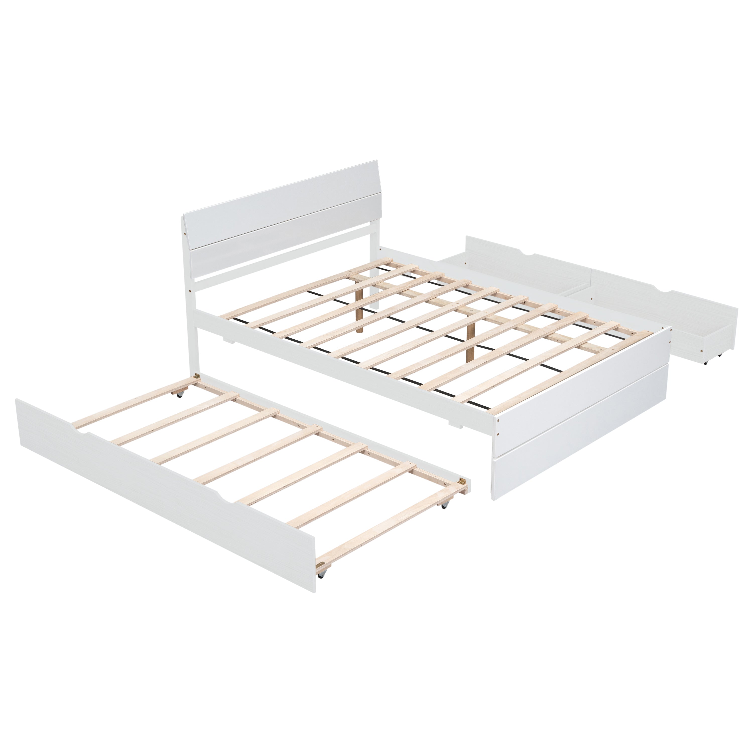 Modern Full Size Bed Frame with Twin Size Trundle and 2 Drawers