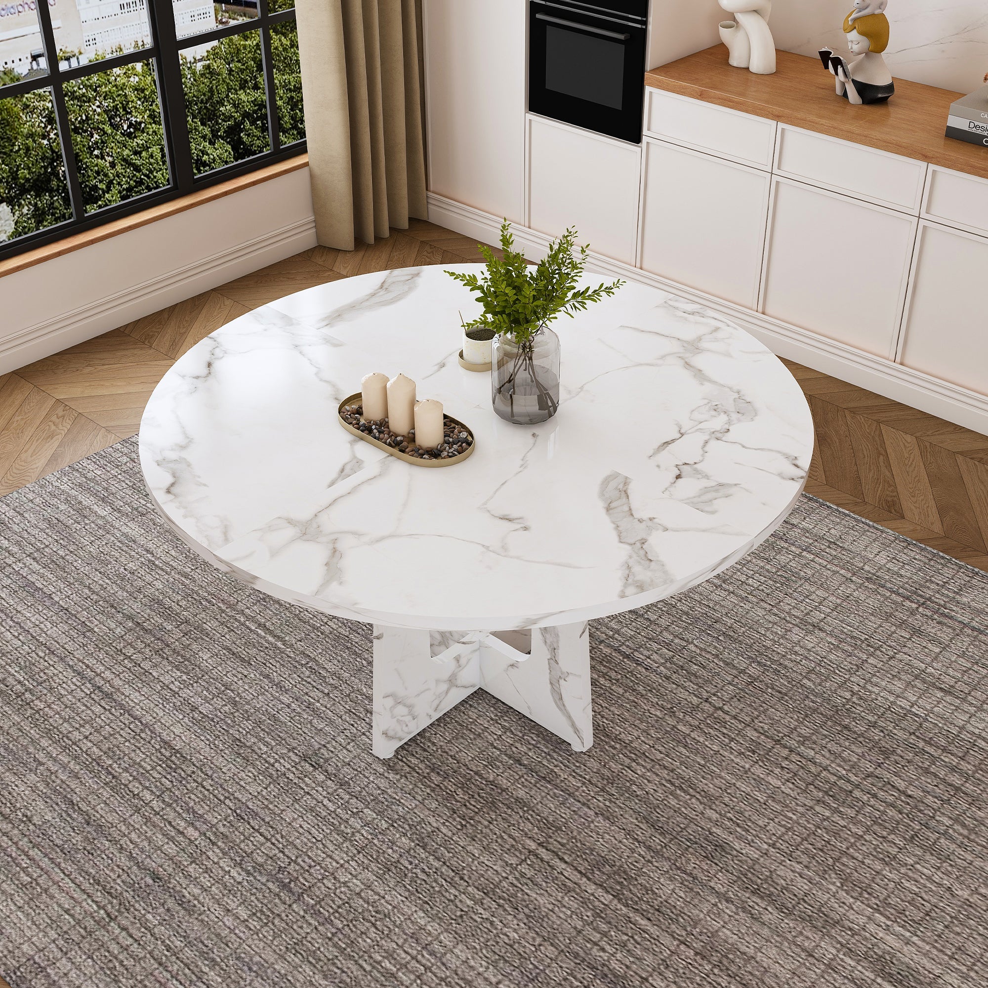 Modern 47.24' Round Dining Table with Marble White Finish