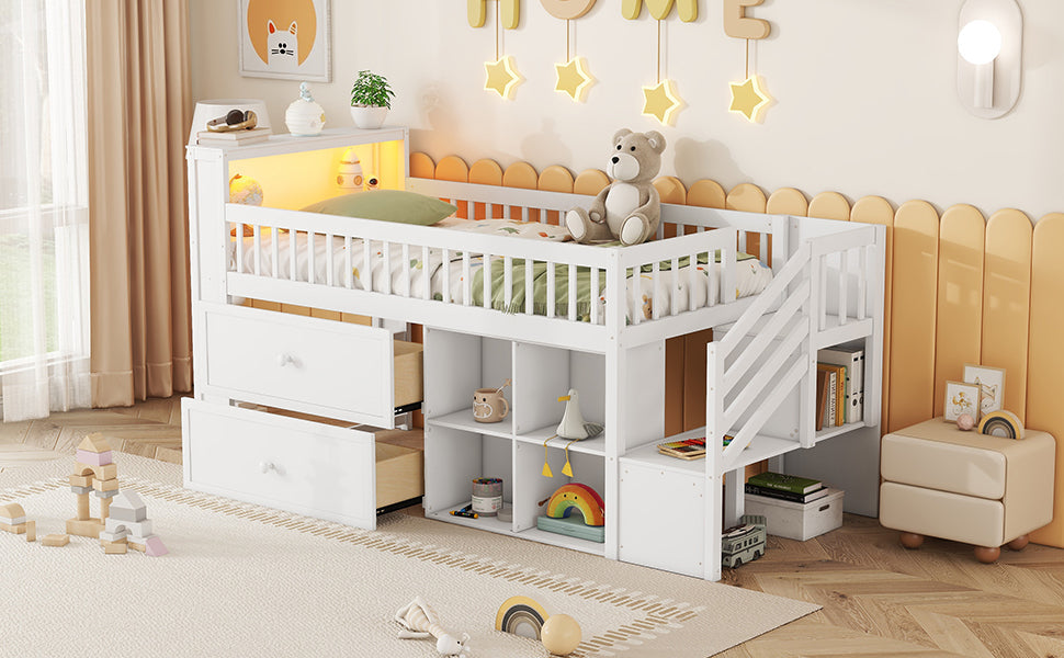 Twin Size Loft Bed with LED and Bookshelf