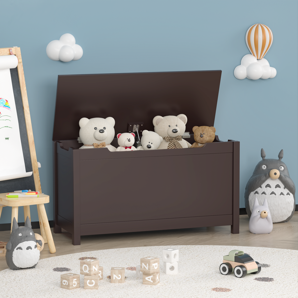 Kids Wooden Toy Box Storage with Safety Hinged Lid for Ages 2+