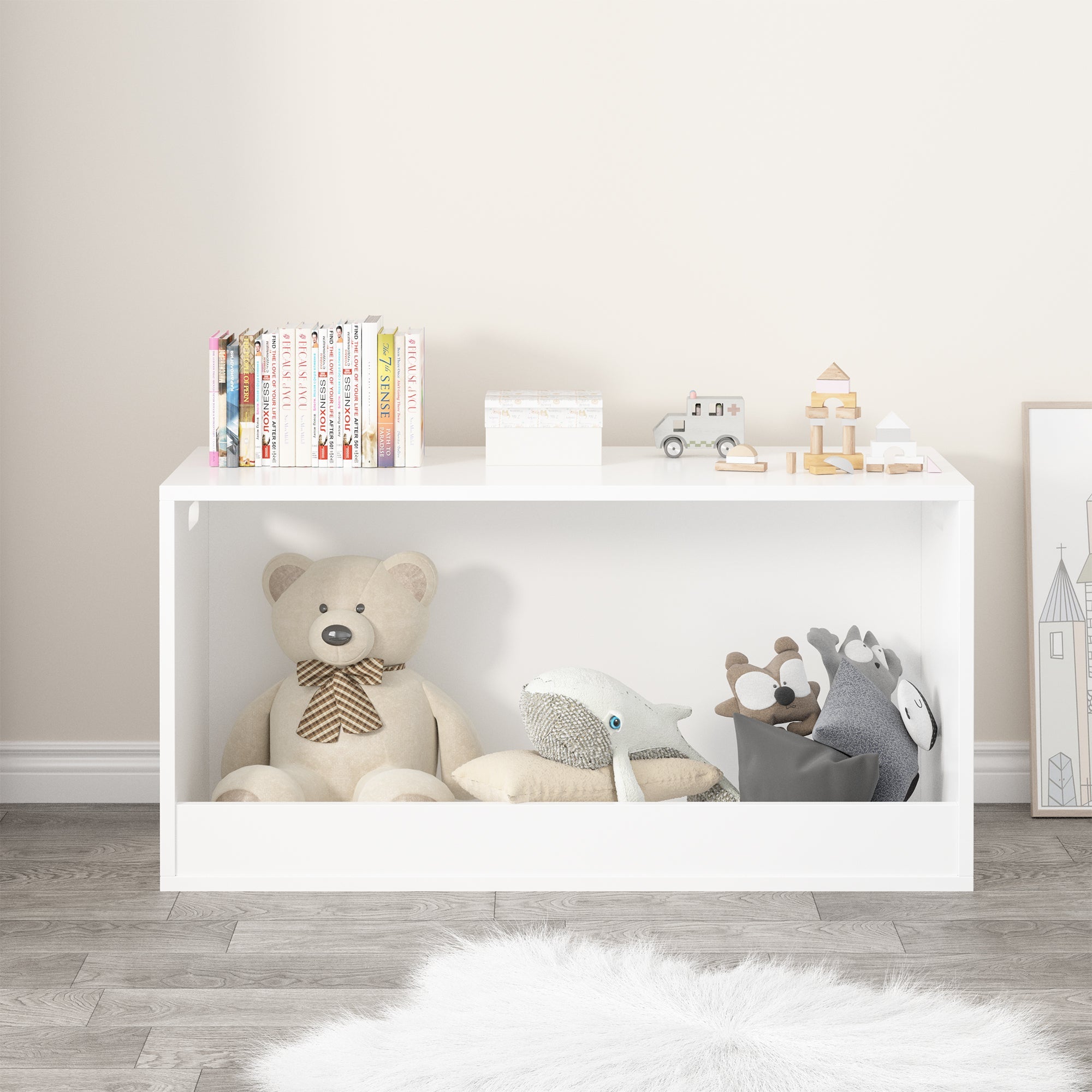 White Wooden Open Toy Storage Box for Kids