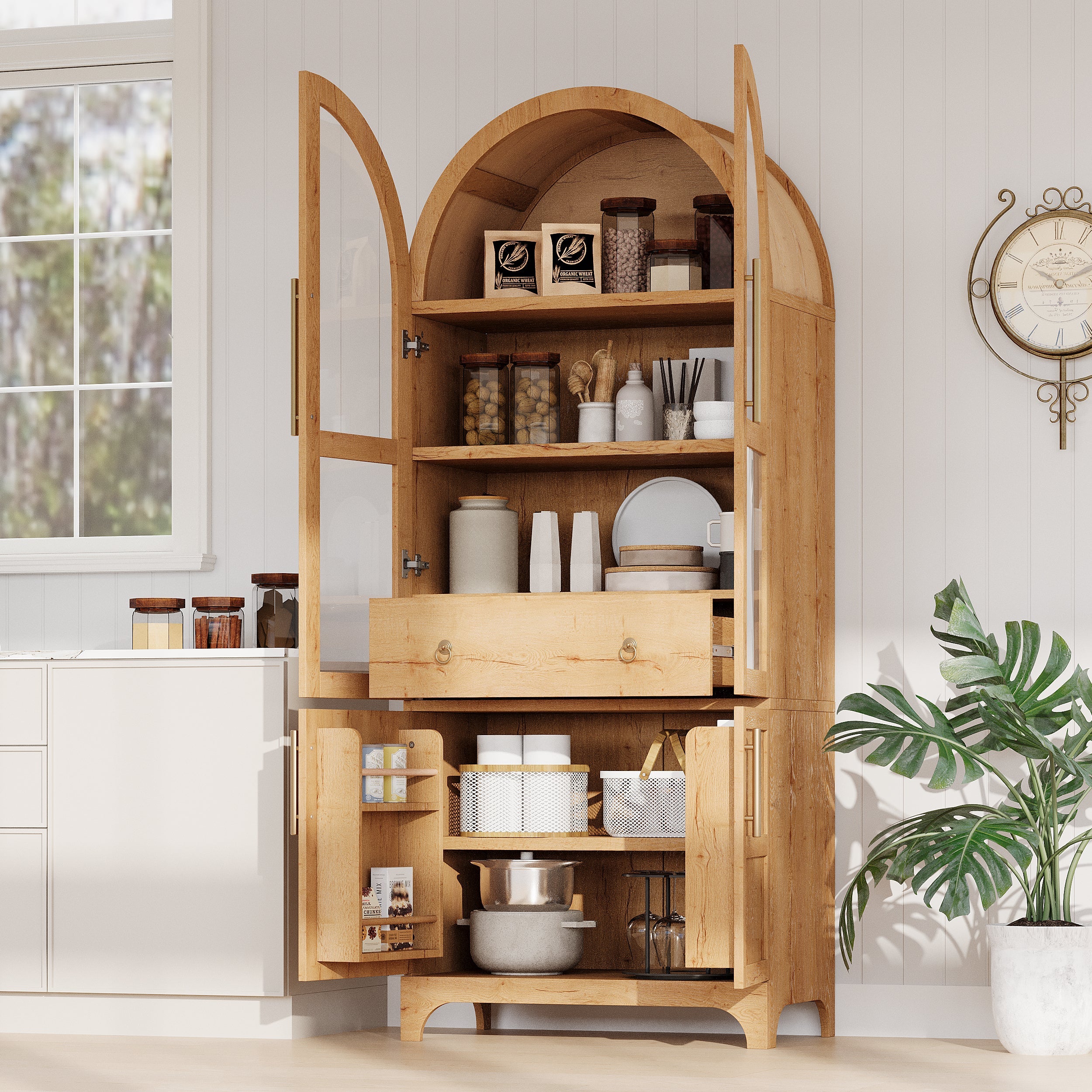 71" Tall Arched Farmhouse Kitchen Pantry Cabinet with Door Shelves