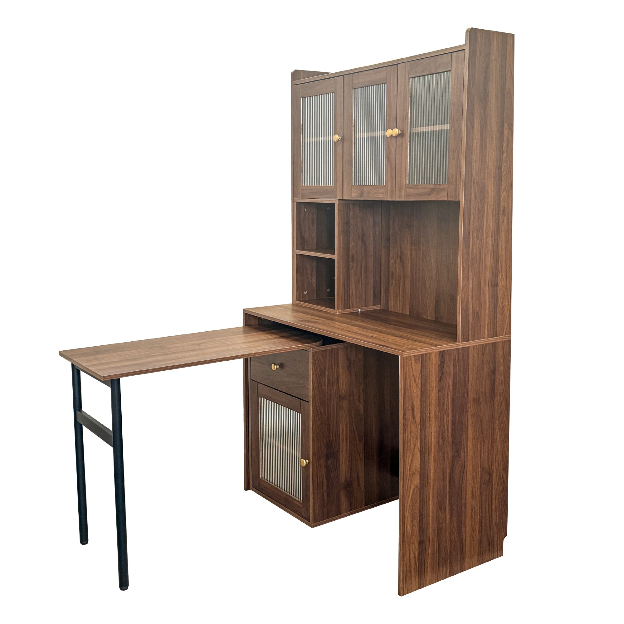 90 Degree Rotating Desktop Computer Desk with Glass Door for Home Office
