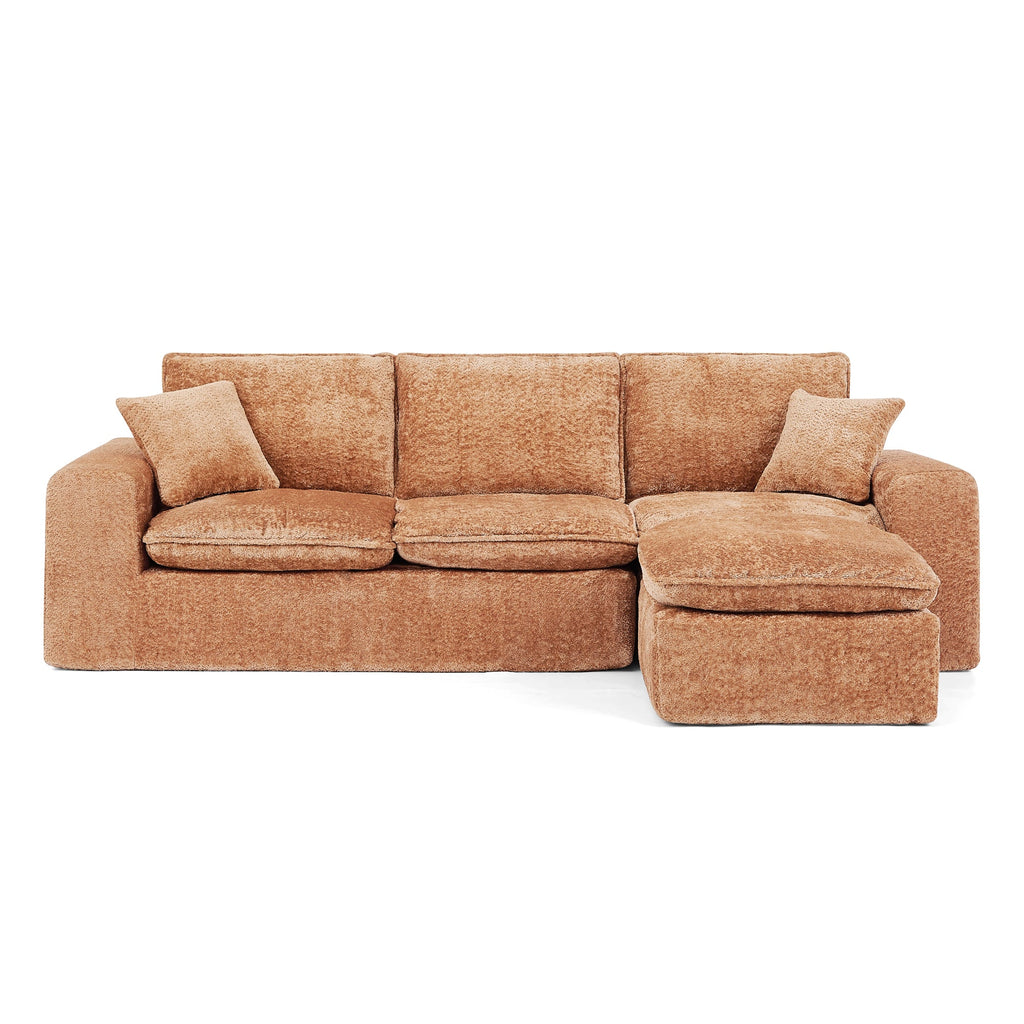 Modern Orange L-Shaped Sectional Sofa with 2 Ottomans Cloud-Like Modular Couch