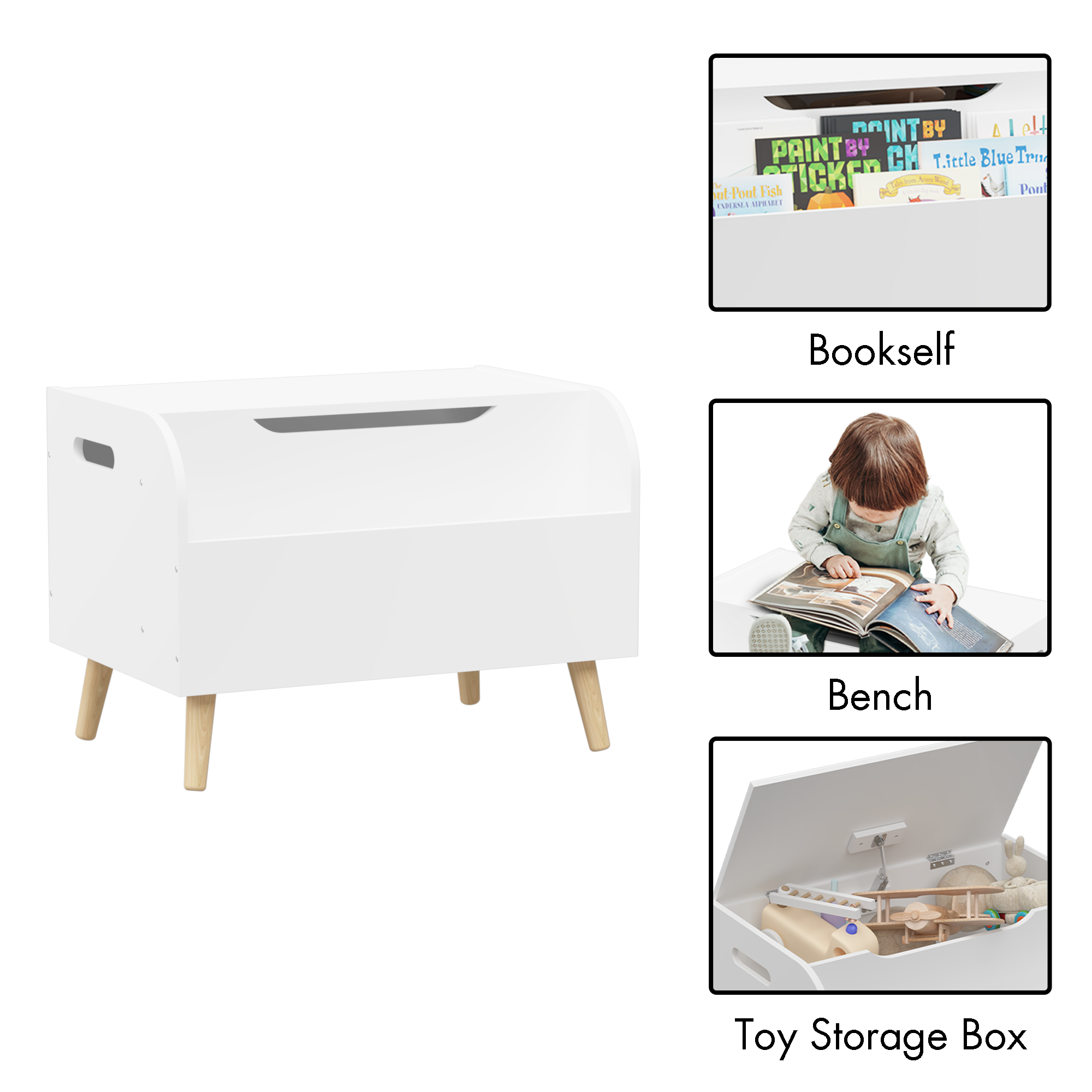 Kids  Wooden Toy Storage Bench with Front Bookshelf
