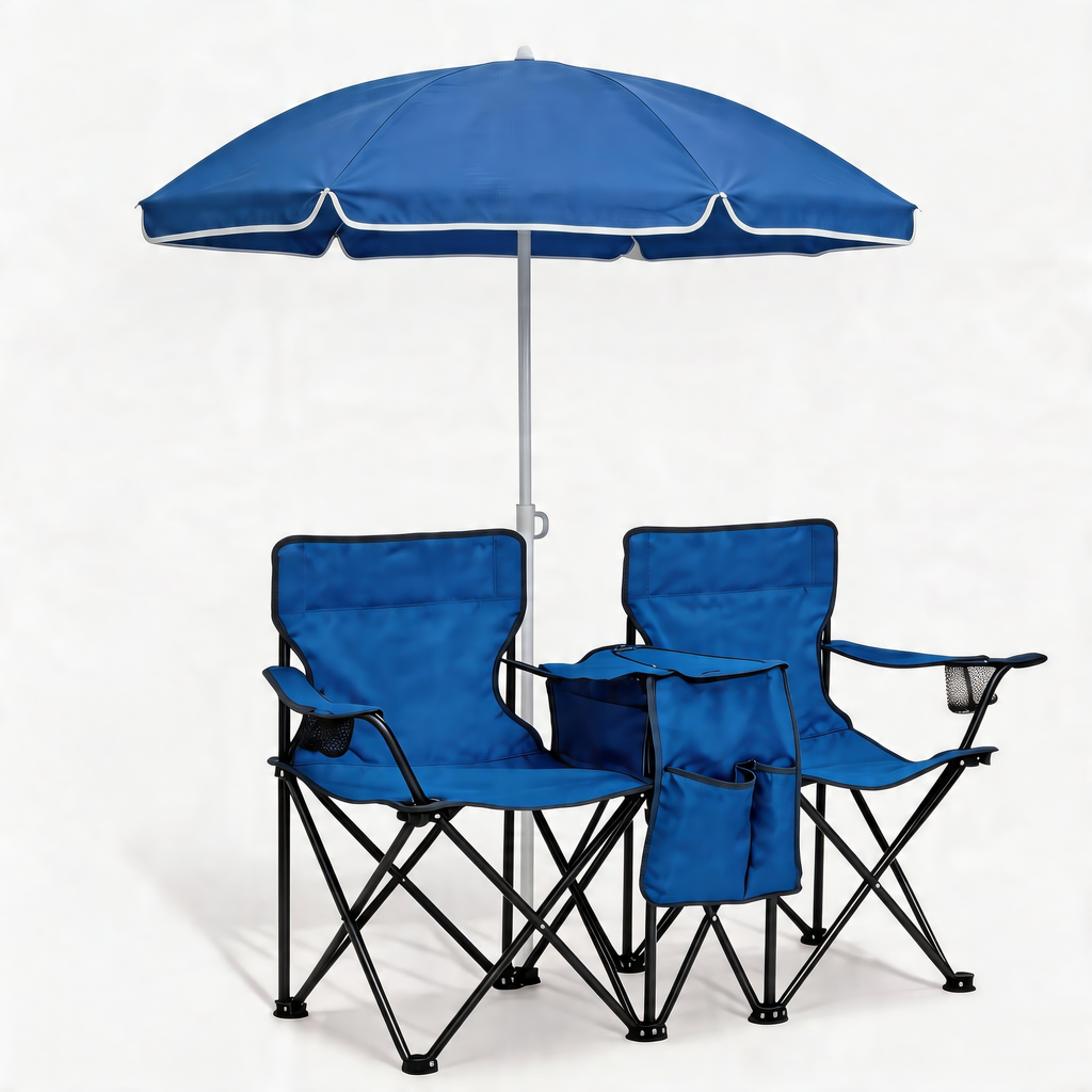 Portable Double Folding Beach Chair Set with Umbrella 2 Person Camping