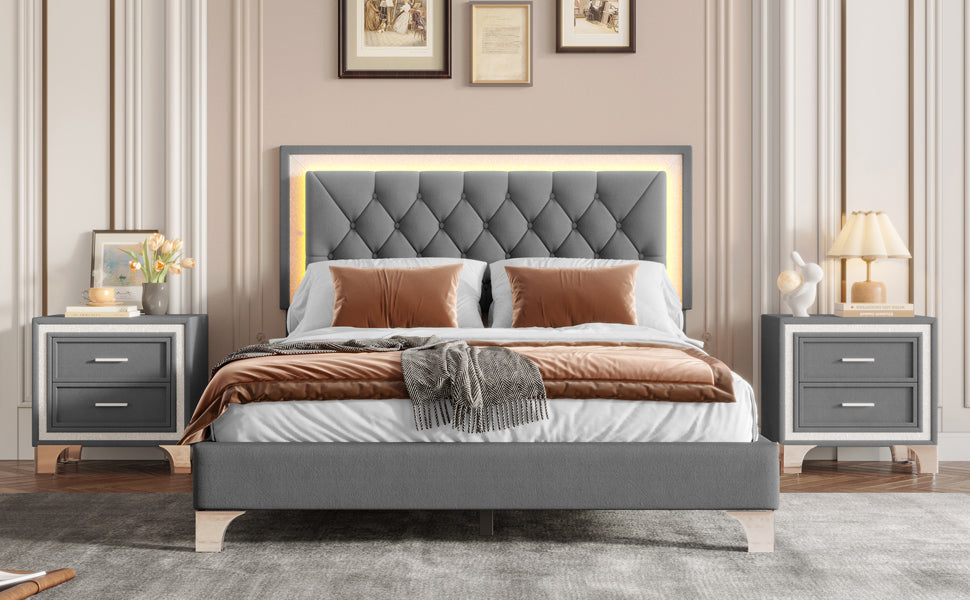 Queen Size Upholstered Bed Frame with LED Lights