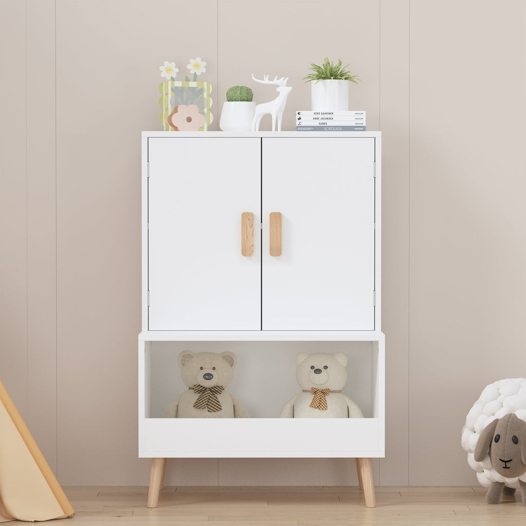 White Modern Wooden Toy Storage Cabinet with Natural Wood Legs