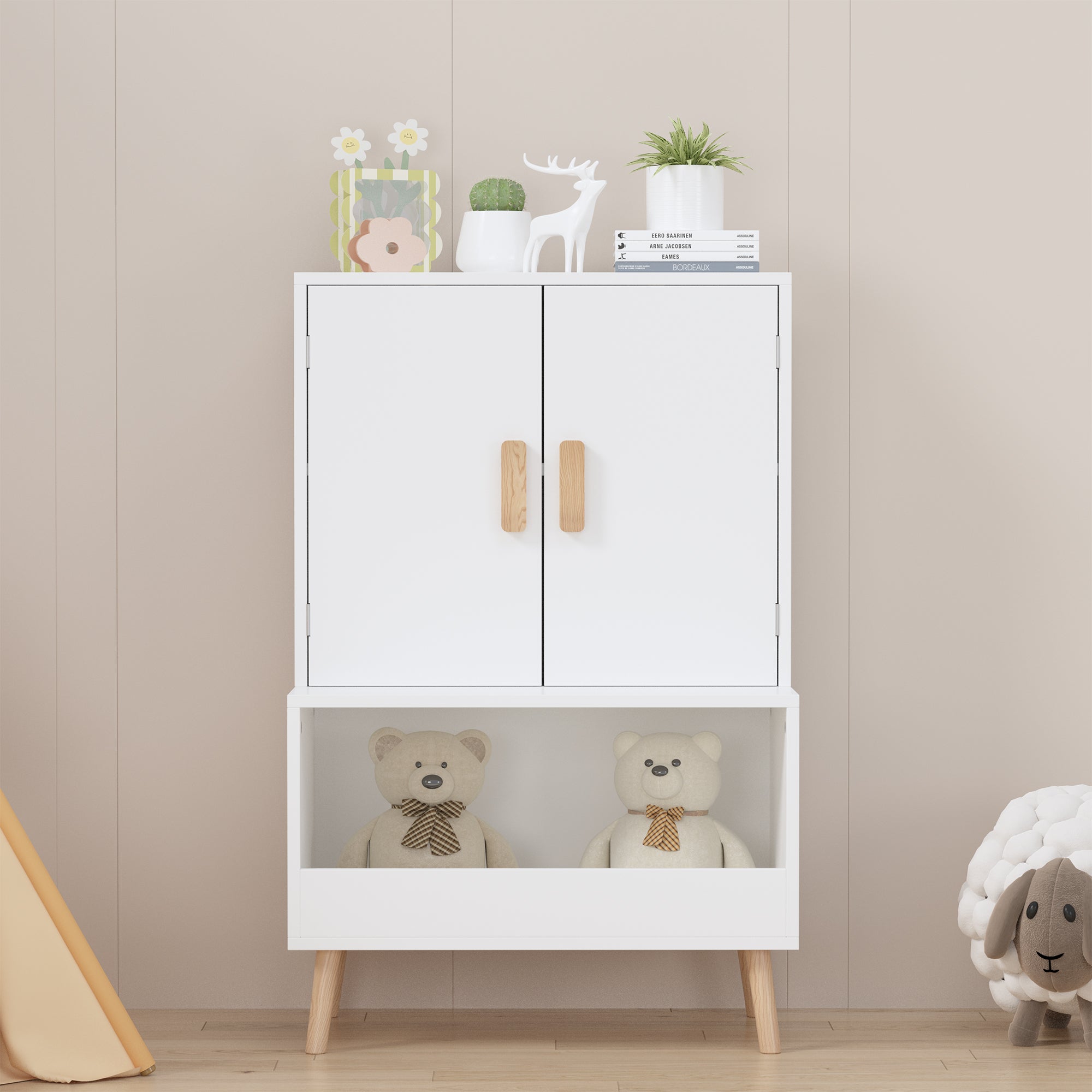 White Modern Wooden Toy Storage Cabinet with Natural Wood Legs