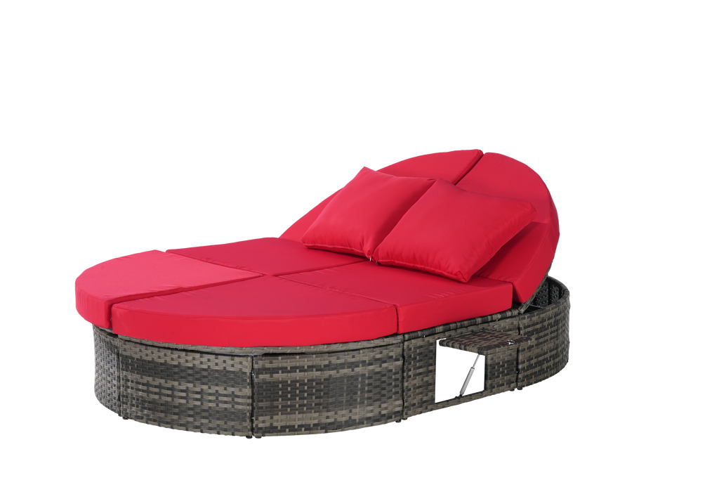 Round outdoor patio daybed with adjustable backrests foldable cup trays and cushioned wicker design ideal for backyard and poolside lounging