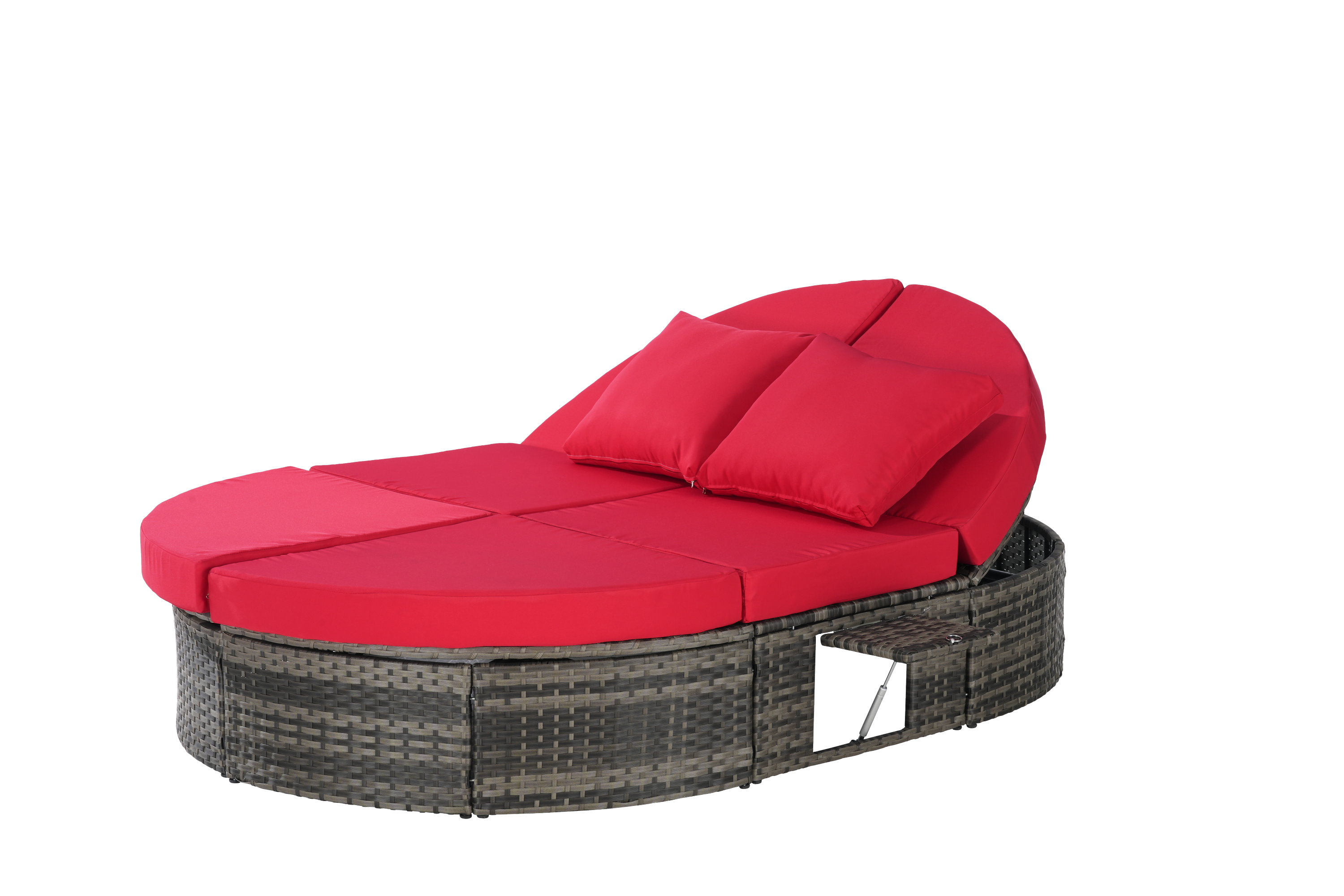 Round outdoor patio daybed with adjustable backrests foldable cup trays and cushioned wicker design ideal for backyard and poolside lounging