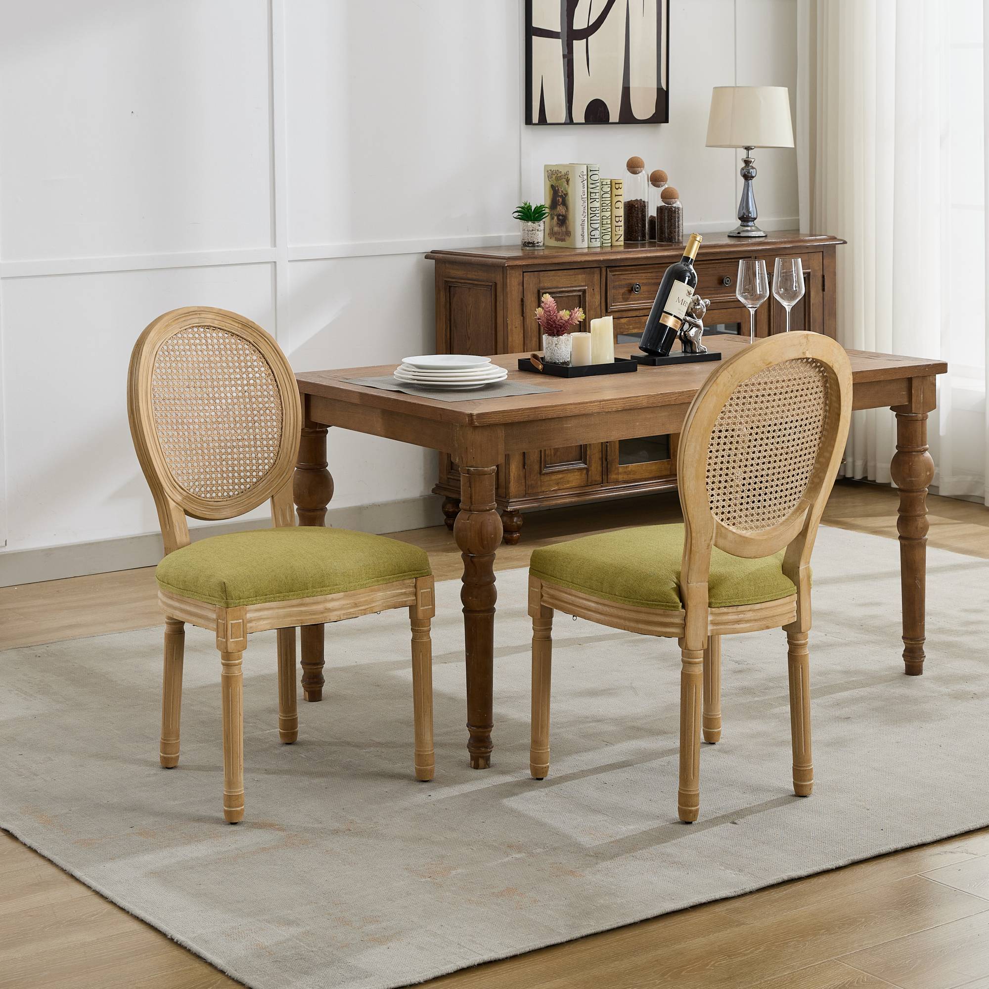 French Style Solid Wood Frame Linen Fabric Dining Chair (Set of 2)