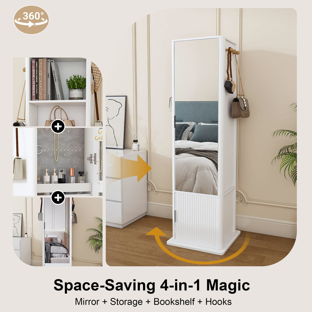 360° Rotating Makeup Cabinet with Full-Length Mirror and Jewelry Storage