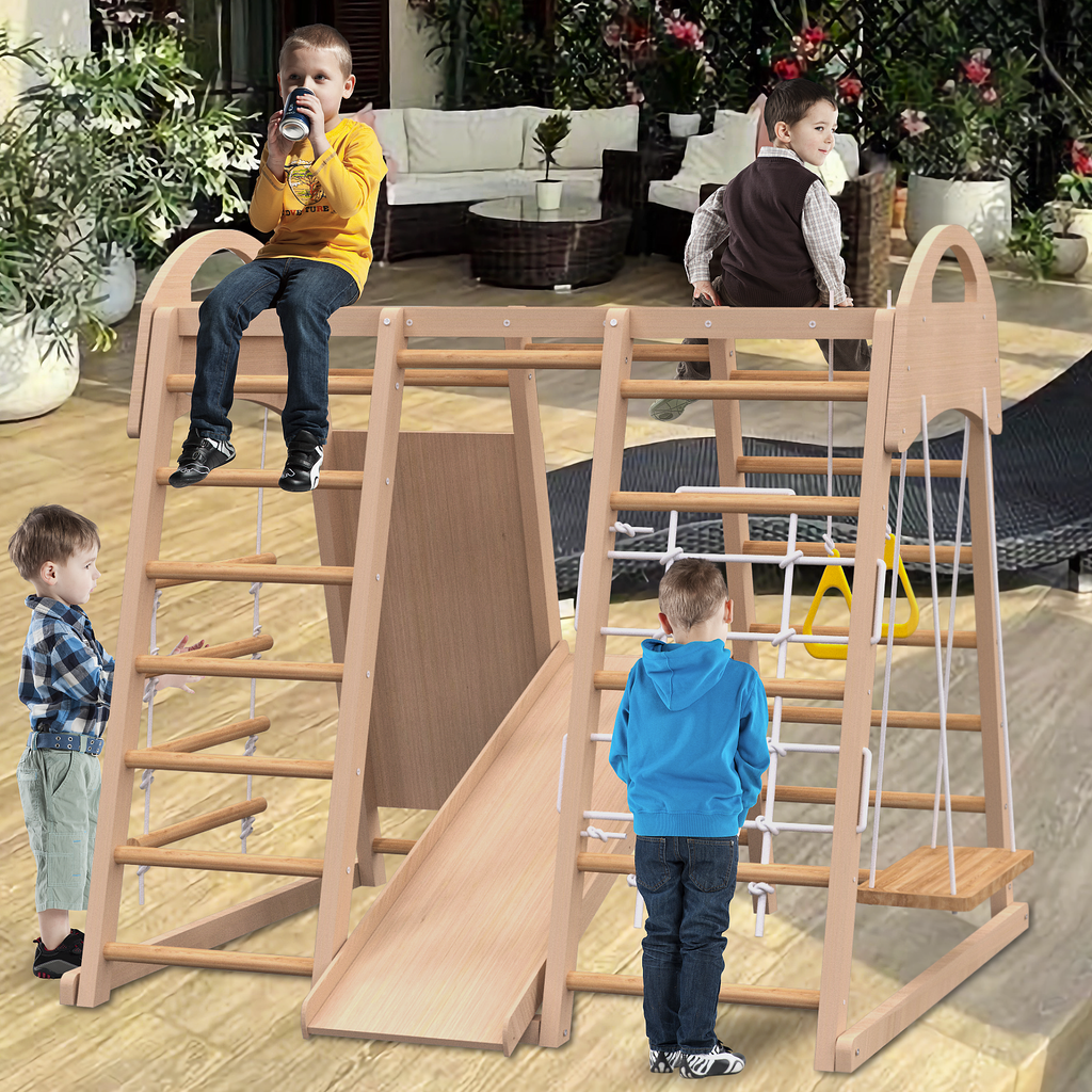7 in 1 Indoor Playground Wood Jungle Gym Kids Slide Swing Climbing Wall Toy