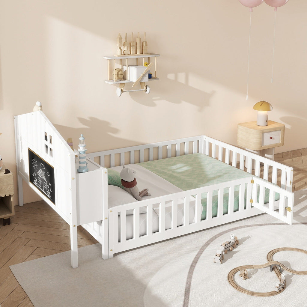 Full-size Montessori Floor Bed with Bookcases and Blackboards