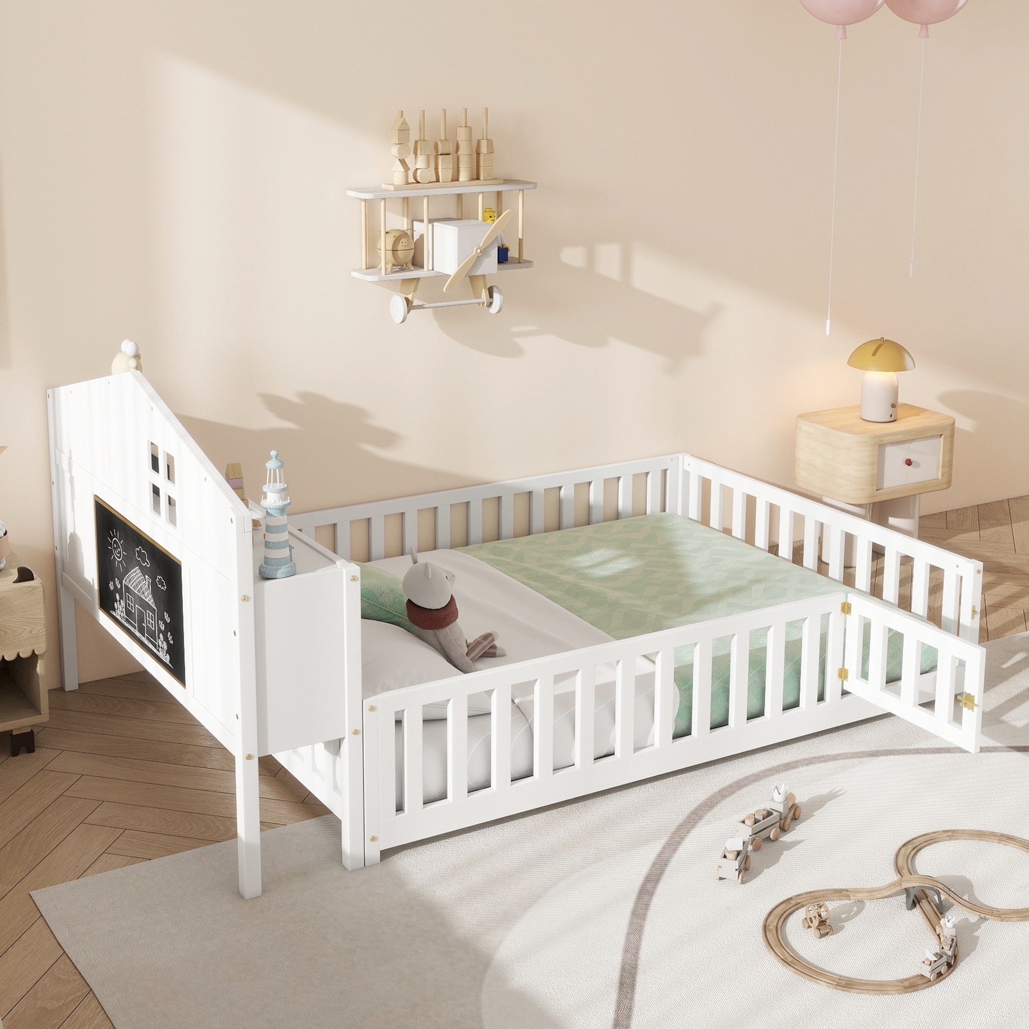 Full-size Montessori Floor Bed with Bookcases and Blackboards