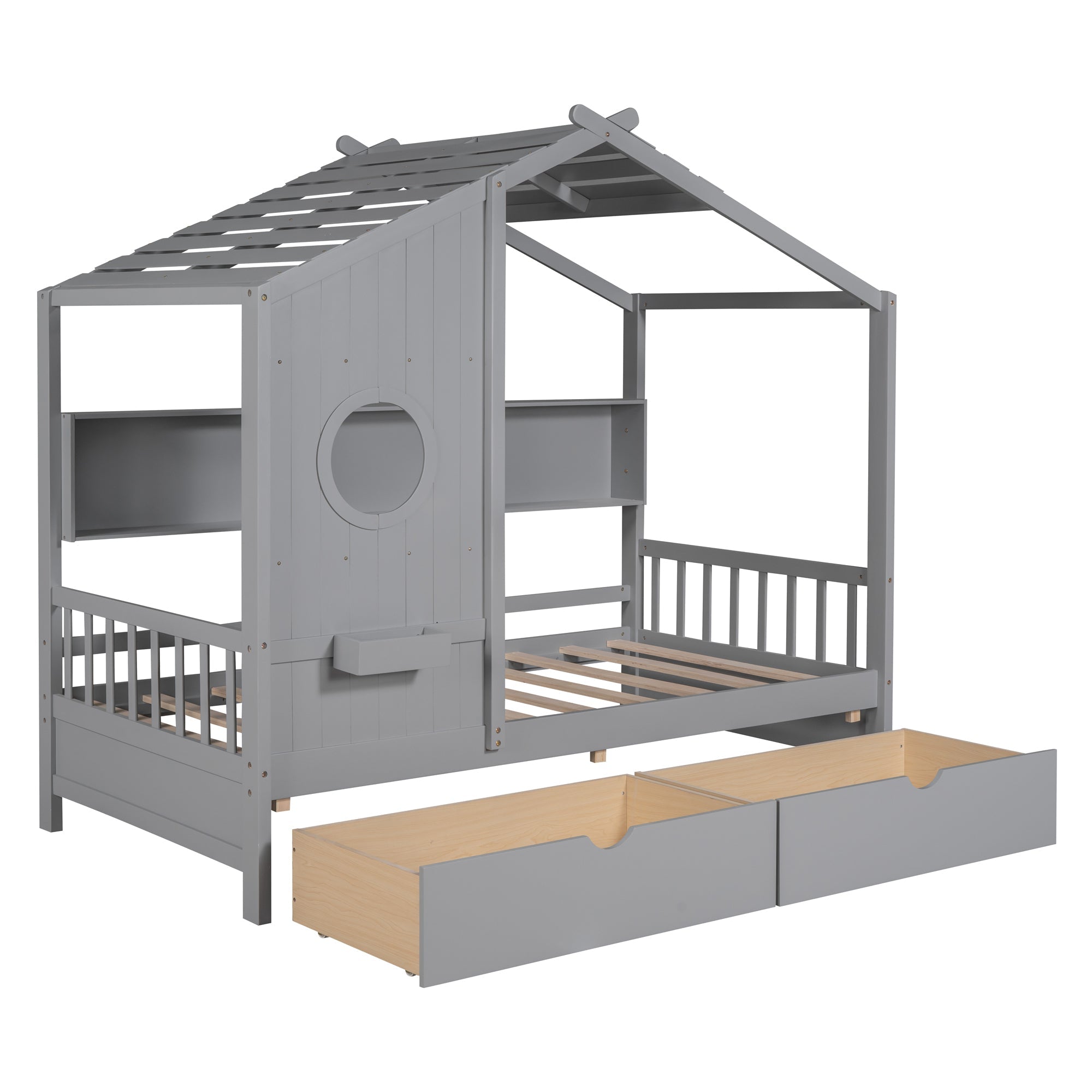 Wooden Twin Size House Bed with 2 Drawers