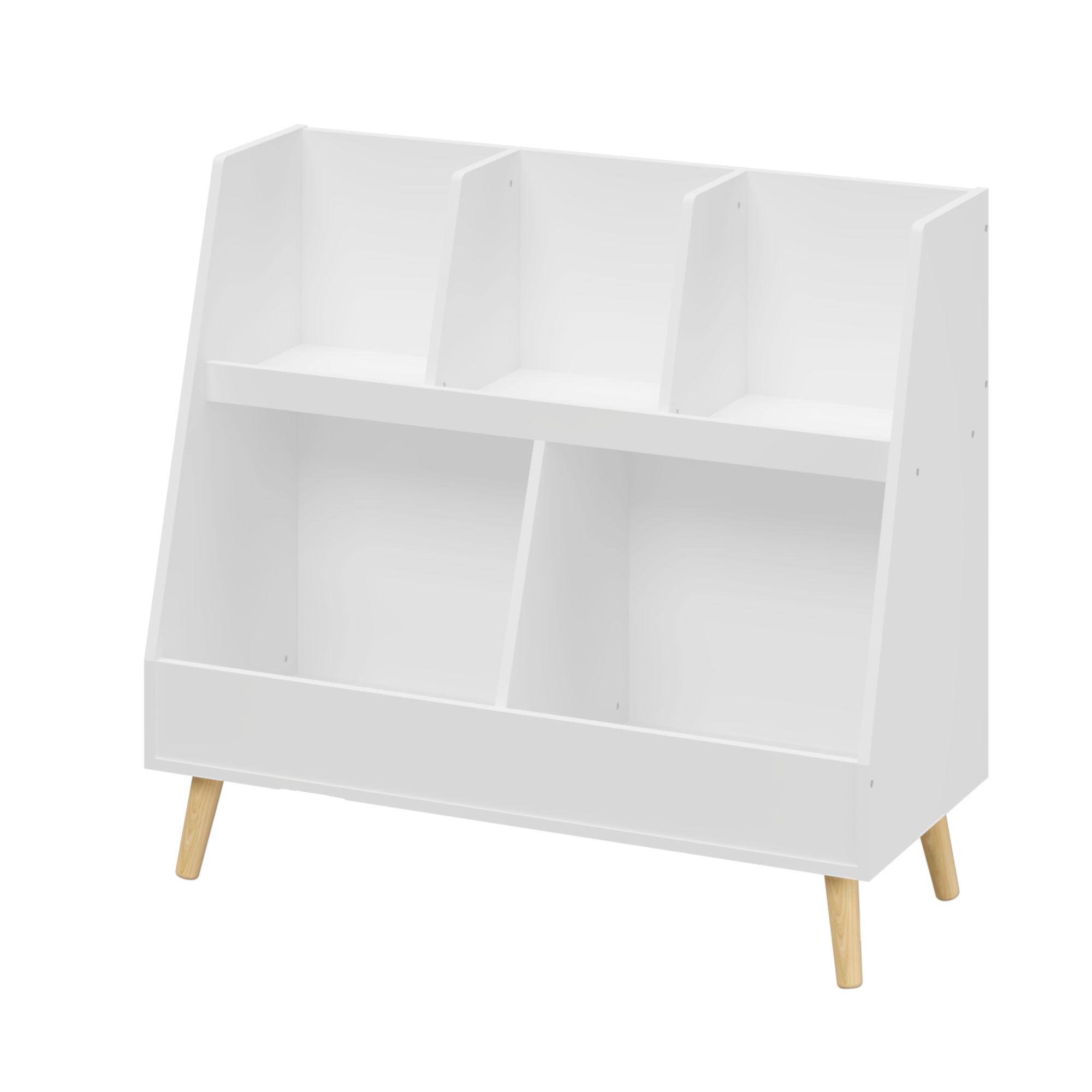 Modern Kids Bookshelf and Toy Organizer with White MDF and Pine Legs