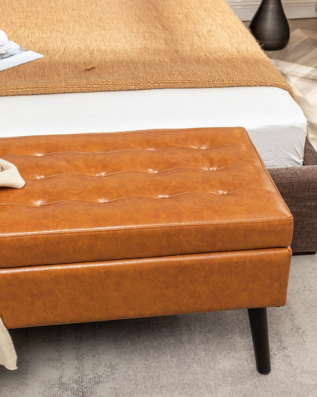 Brown PU Leather Storage Bench