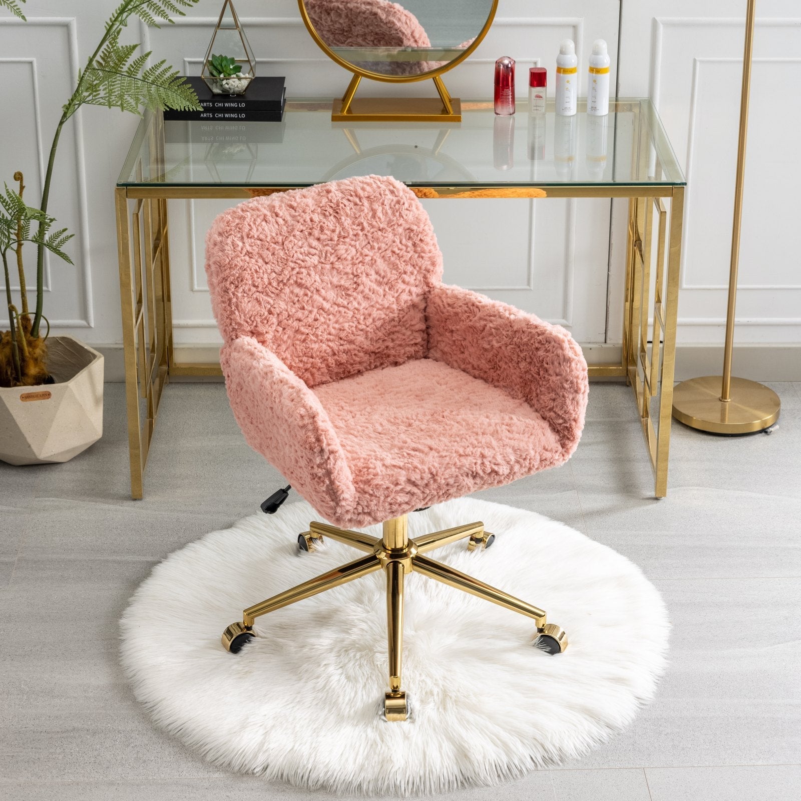 Artificial Rabbit Hair Home Office Chair with Golden Metal Base