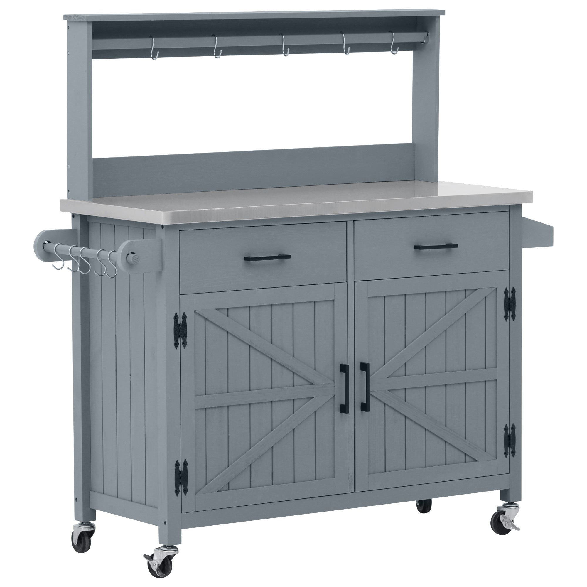 54.1" Outdoor Kitchen Island with High Shelf, Stainless Steel Top & Storage Cabinet