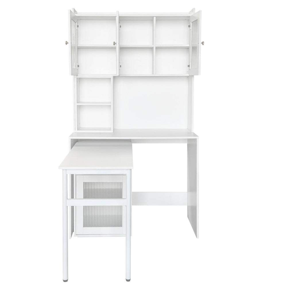 90 Degree Rotating Desktop Computer Desk with Glass Door for Home Office