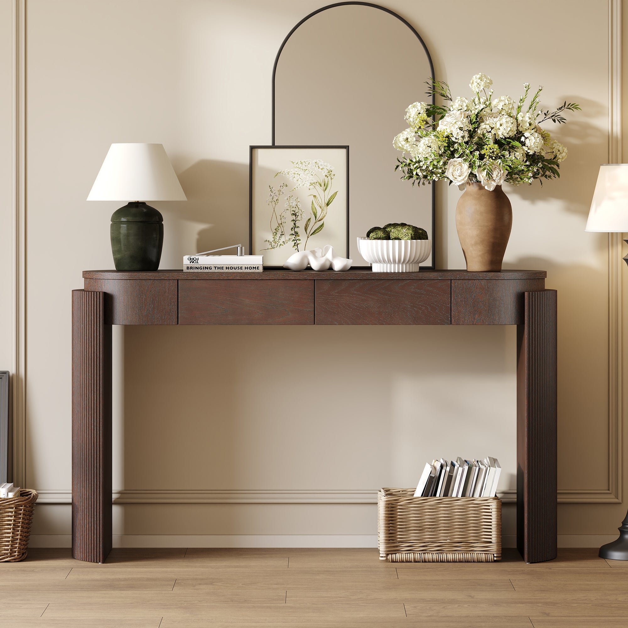 Entryway Console Table with Fluted Legs & Storage Drawers