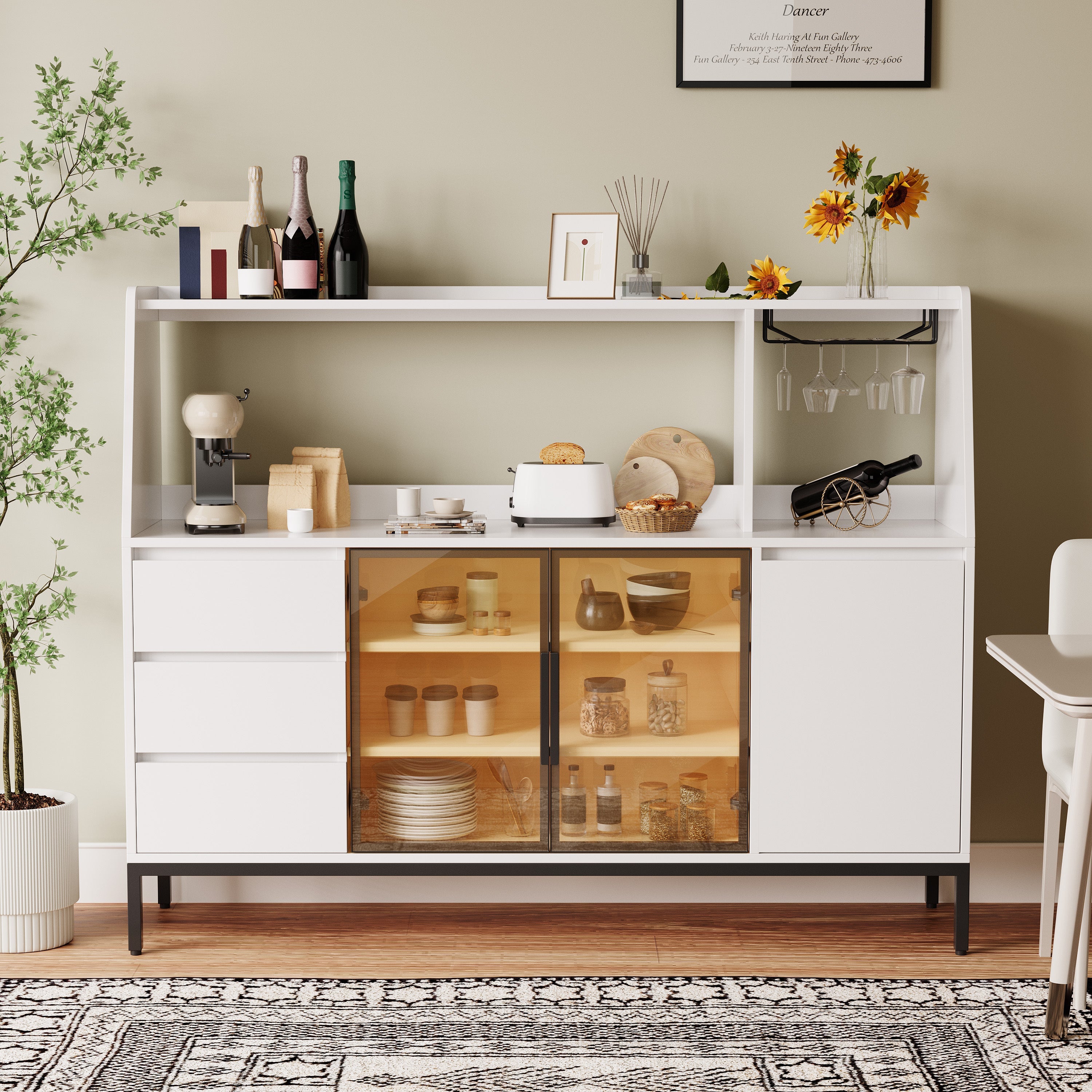 Modern Kitchen Sideboard with 3 Drawers and Glass Door Locker