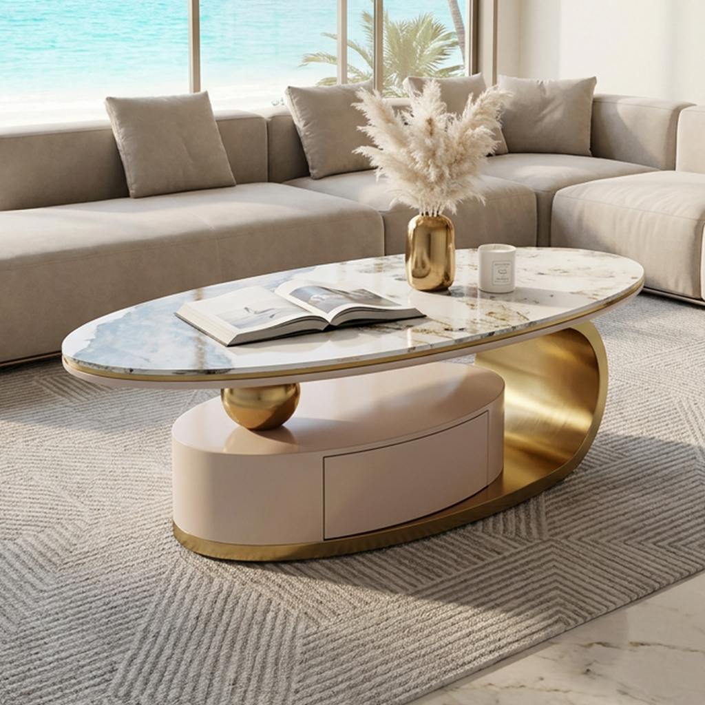 51.18' Luxury Oval Coffee Table with Print Glass Top