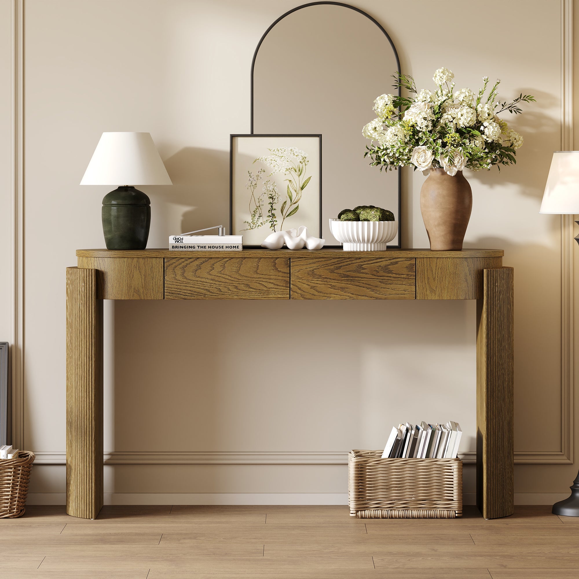 Natural Wood Console Table with Fluted Design