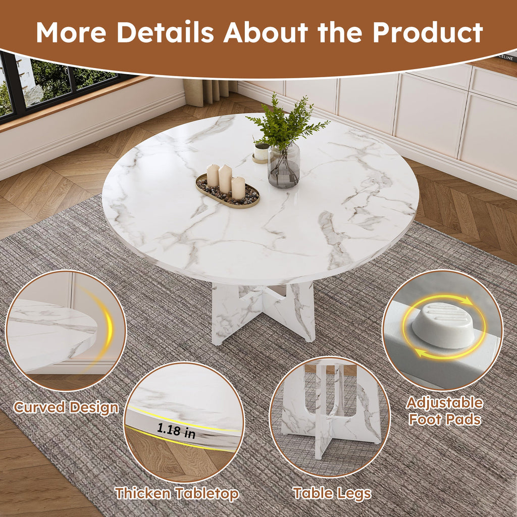 Modern 47.24' Round Dining Table with Marble White Finish