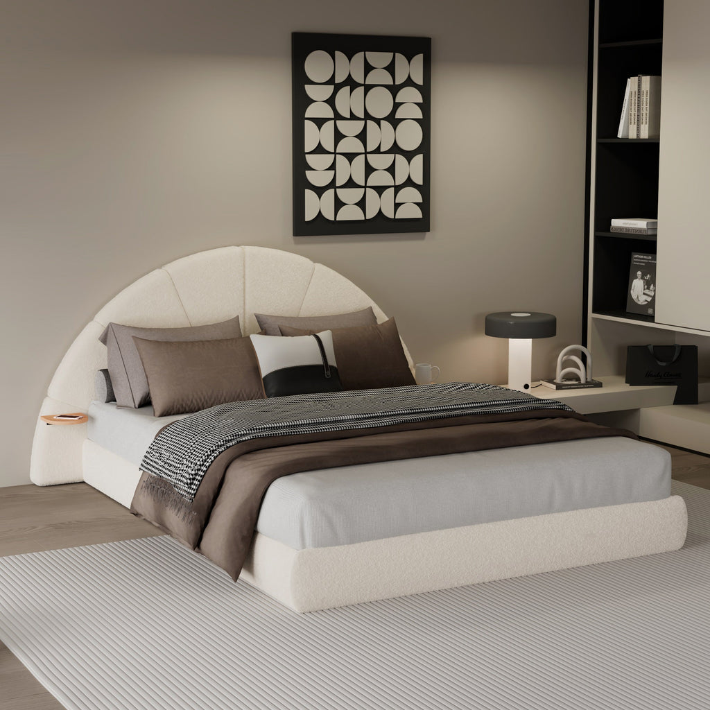 Unique Arched Boucle Bed with Small Table